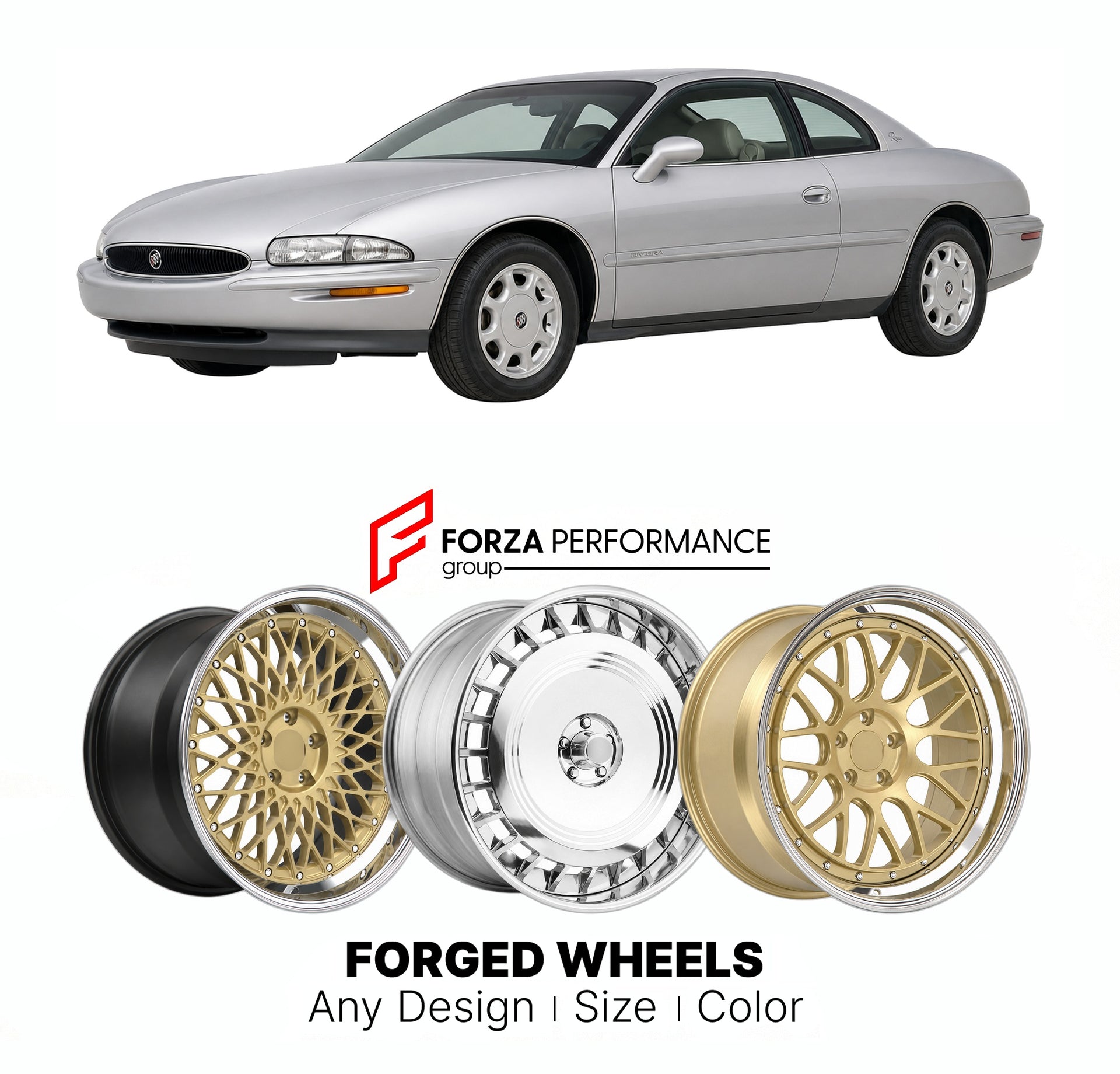 FORGED WHEELS RIMS for BUICK RIVIERA SILVER ARROW EDITION 1995 - 1999

Custom forged wheels for Buick Riviera Silver Arrow Edition 1995 - 1999. Made-to-order monoblock, 2-piece and 3-piece rims in custom sizes, offsets, colors and finishes with guaranteed fitment.

We manufacture premium quality forged wheels rims for Buick Riviera Silver Arrow Edition 1995 - 1999 in any design, size, color.

THIS WHEEL DESIGN CAN BE CUSTOM-MADE FOR YOUR CAR IN ANY SIZE AND COLOR OPTIONS
Available in monoblock, 2-piece, 3-p