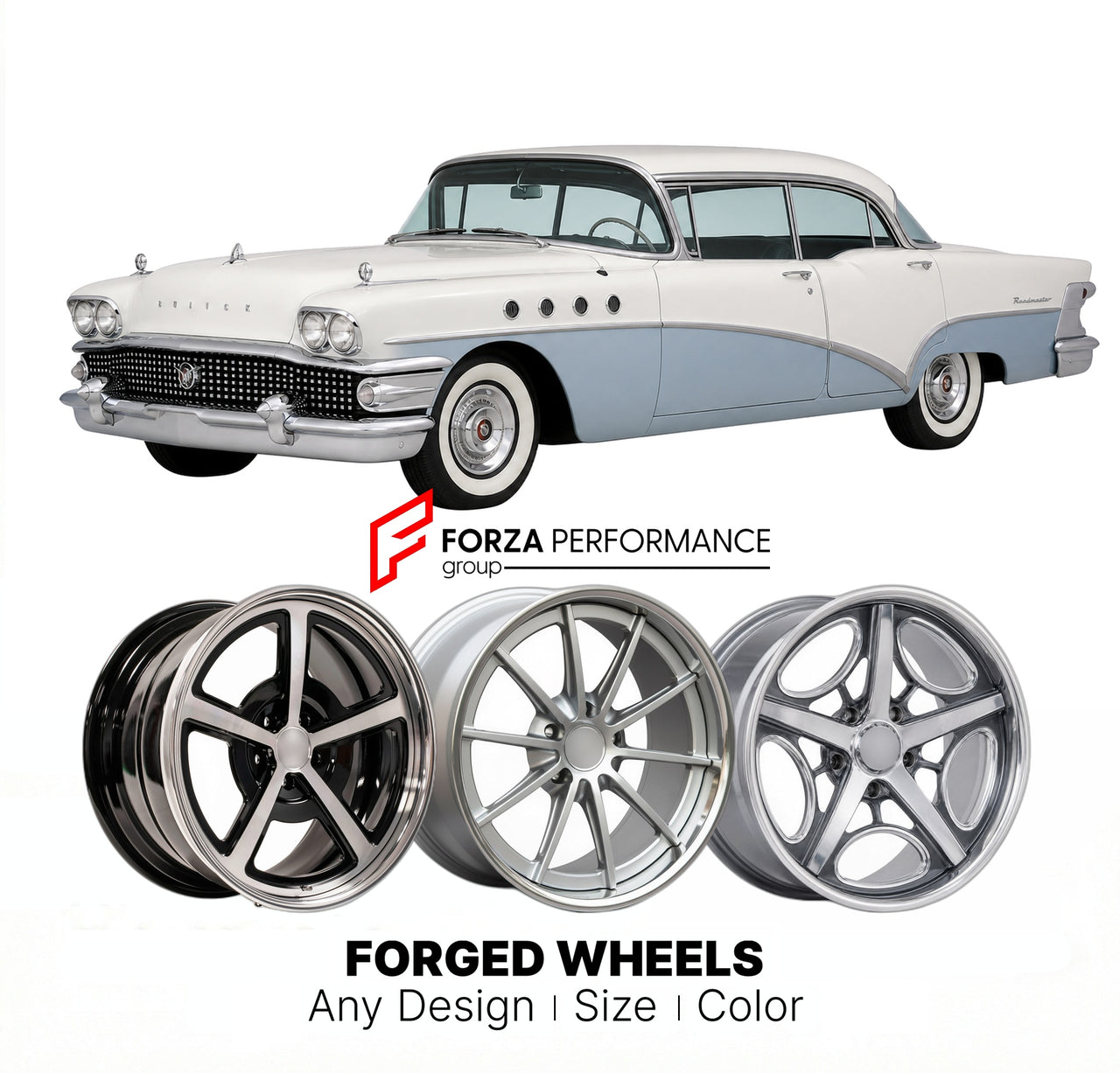 CUSTOM CLASSIC VINTAGE RESTOMOD RETRO OLD SCHOOL FORGED WHEELS RIMS for BUICK ROADMASTER 1958 - 1958
Custom forged wheels for classic American muscle cars. Ideal for restomod builds, vintage restorations, and show cars. Deep dish and retro styling available.

We manufacture premium quality forged wheels rims for Buick Roadmaster 1958 - 1958 in any design, size, color.

THIS WHEEL DESIGN CAN BE CUSTOM-MADE FOR YOUR CAR IN ANY SIZE AND COLOR OPTIONS
Available in monoblock, 2-piece, 3-piece, duoblock, beadlock
