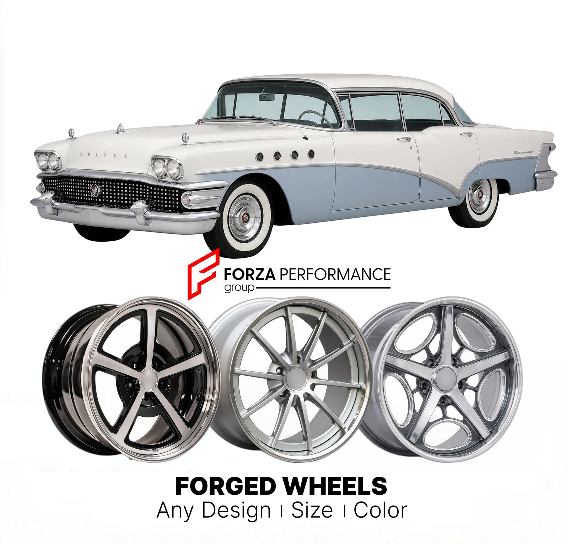 CUSTOM CLASSIC VINTAGE RESTOMOD RETRO OLD SCHOOL FORGED WHEELS RIMS for BUICK ROADMASTER 1958 - 1958
Custom forged wheels for classic American muscle cars. Ideal for restomod builds, vintage restorations, and show cars. Deep dish and retro styling available.

We manufacture premium quality forged wheels rims for Buick Roadmaster 1958 - 1958 in any design, size, color.

THIS WHEEL DESIGN CAN BE CUSTOM-MADE FOR YOUR CAR IN ANY SIZE AND COLOR OPTIONS
Available in monoblock, 2-piece, 3-piece, duoblock, beadlock
