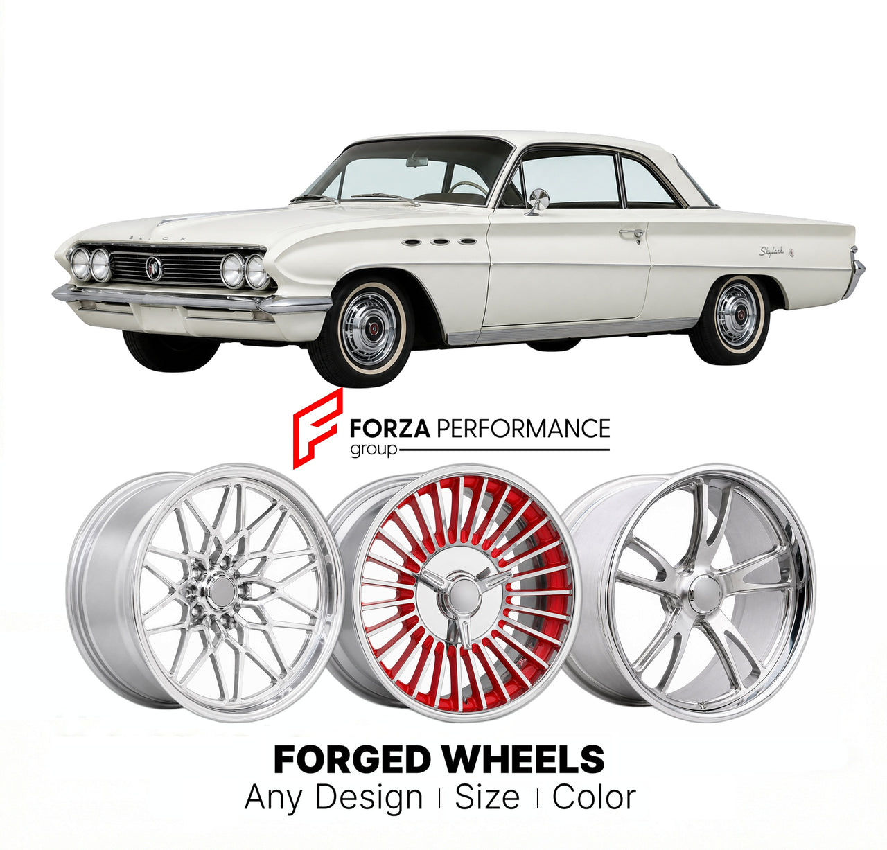 CUSTOM CLASSIC VINTAGE RESTOMOD RETRO OLD SCHOOL FORGED WHEELS RIMS for BUICK SKYLARK 1961 - 1963
Custom forged wheels for classic American muscle cars. Ideal for restomod builds, vintage restorations, and show cars. Deep dish and retro styling available.

We manufacture premium quality forged wheels rims for Buick Skylark 1961 - 1963 in any design, size, color.

THIS WHEEL DESIGN CAN BE CUSTOM-MADE FOR YOUR CAR IN ANY SIZE AND COLOR OPTIONS
Available in monoblock, 2-piece, 3-piece, duoblock, beadlock
3D wh