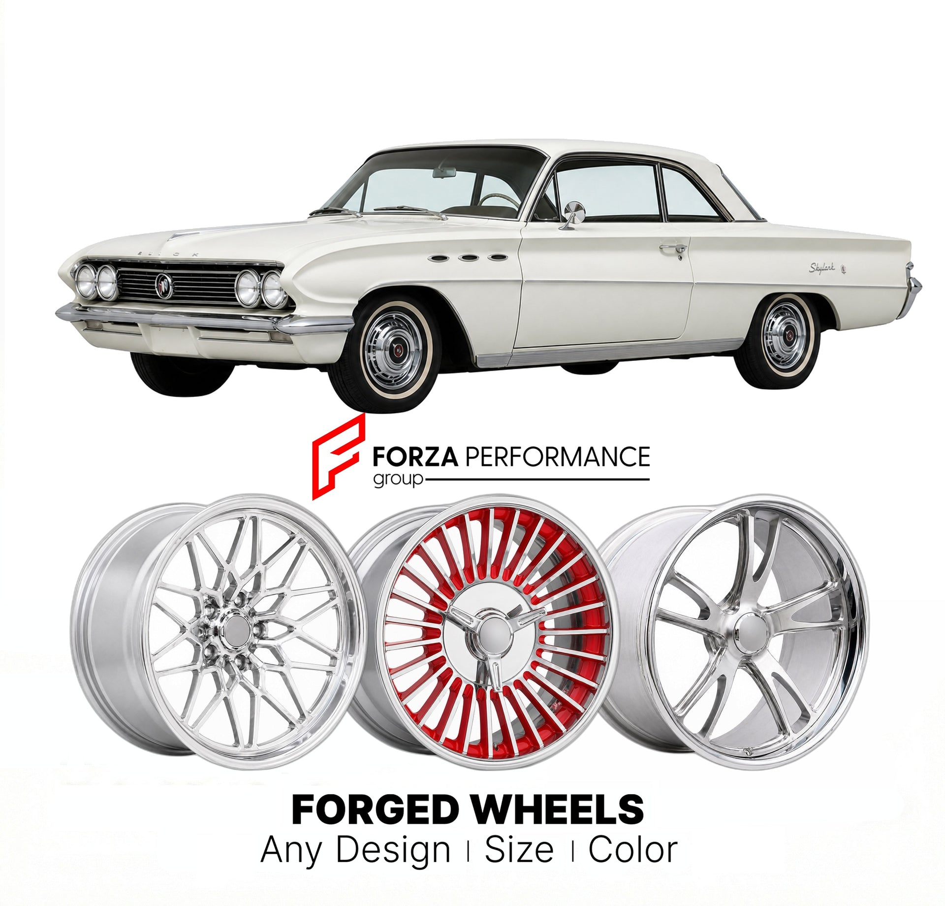 CUSTOM CLASSIC VINTAGE RESTOMOD RETRO OLD SCHOOL FORGED WHEELS RIMS for BUICK SKYLARK 1961 - 1963
Custom forged wheels for classic American muscle cars. Ideal for restomod builds, vintage restorations, and show cars. Deep dish and retro styling available.

We manufacture premium quality forged wheels rims for Buick Skylark 1961 - 1963 in any design, size, color.

THIS WHEEL DESIGN CAN BE CUSTOM-MADE FOR YOUR CAR IN ANY SIZE AND COLOR OPTIONS
Available in monoblock, 2-piece, 3-piece, duoblock, beadlock
3D wh