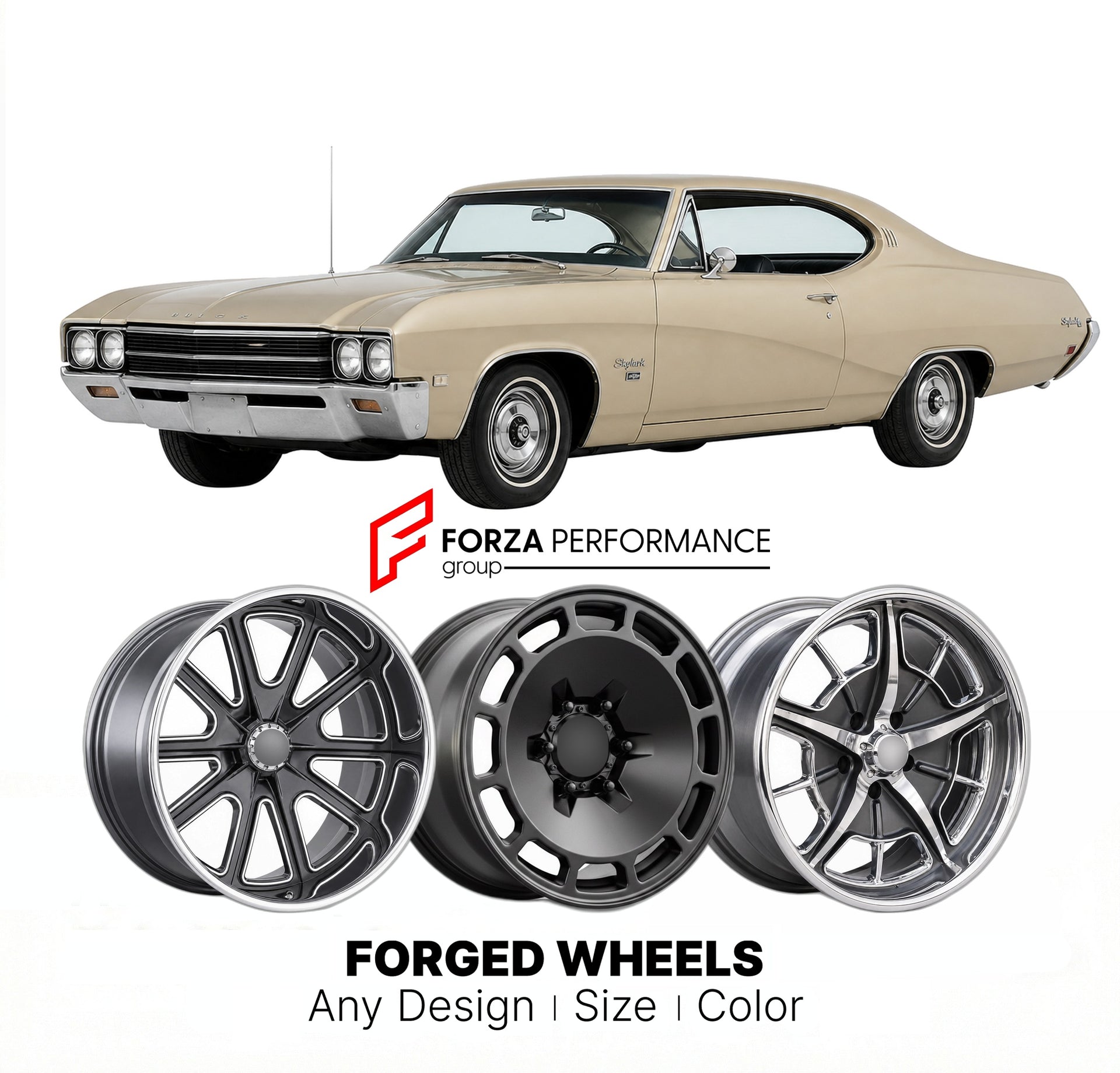 CUSTOM CLASSIC VINTAGE RESTOMOD RETRO OLD SCHOOL FORGED WHEELS RIMS for BUICK SKYLARK 1968 - 1972
Custom forged wheels for classic American muscle cars. Ideal for restomod builds, vintage restorations, and show cars. Deep dish and retro styling available.

We manufacture premium quality forged wheels rims for Buick Skylark 1968 - 1972 in any design, size, color.

THIS WHEEL DESIGN CAN BE CUSTOM-MADE FOR YOUR CAR IN ANY SIZE AND COLOR OPTIONS
Available in monoblock, 2-piece, 3-piece, duoblock, beadlock
3D wh