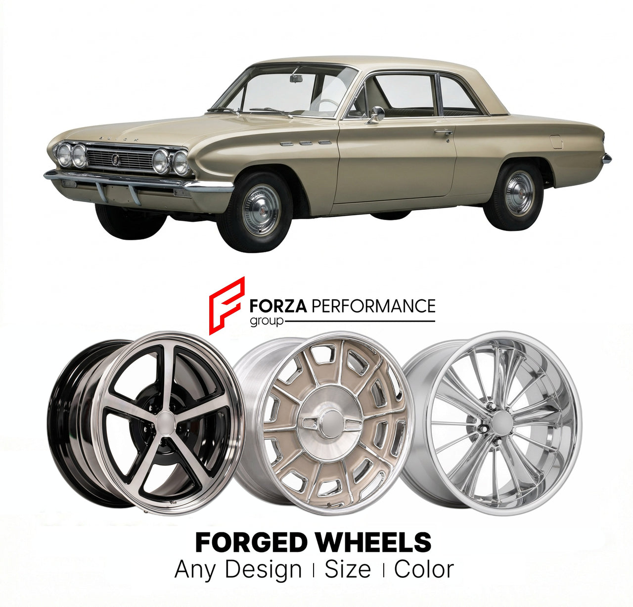 CUSTOM CLASSIC VINTAGE RESTOMOD RETRO OLD SCHOOL FORGED WHEELS RIMS for BUICK SKYLARK CUSTOM 1962 - 1963
Custom forged wheels for classic American muscle cars. Ideal for restomod builds, vintage restorations, and show cars. Deep dish and retro styling available.

We manufacture premium quality forged wheels rims for Buick Skylark Custom 1962 - 1963 in any design, size, color.

THIS WHEEL DESIGN CAN BE CUSTOM-MADE FOR YOUR CAR IN ANY SIZE AND COLOR OPTIONS
Available in monoblock, 2-piece, 3-piece, duoblock, 