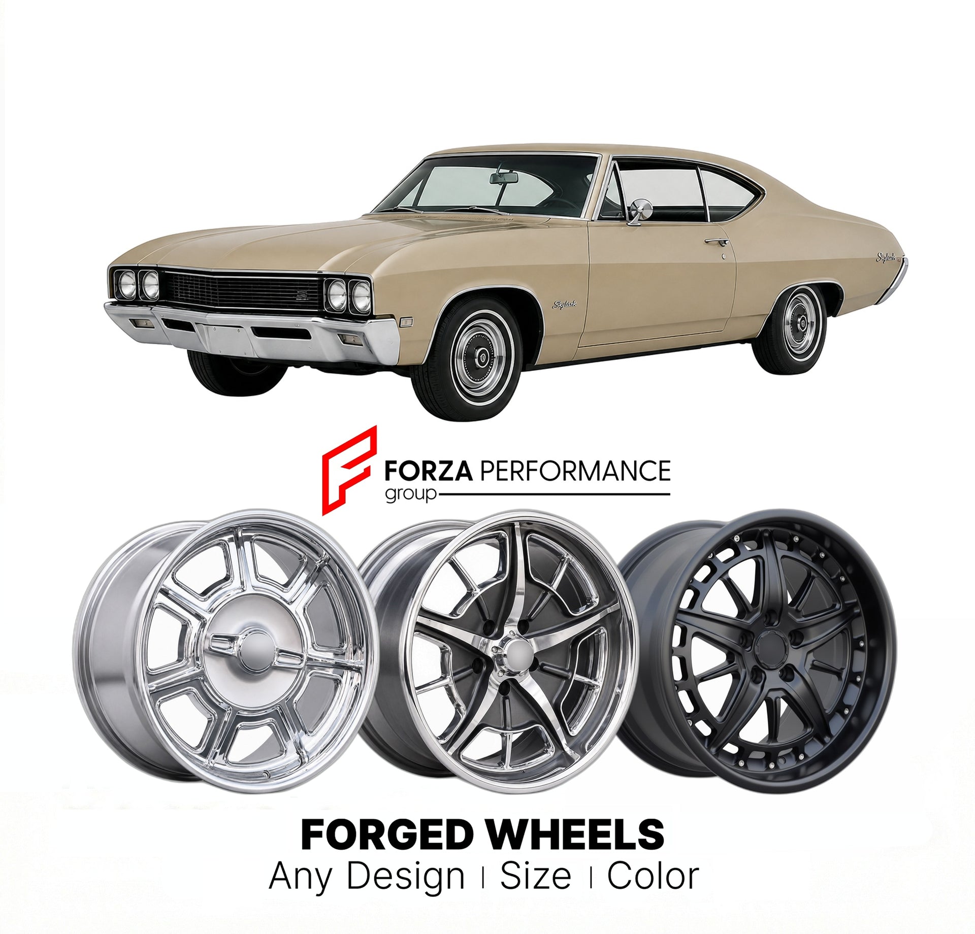 CUSTOM CLASSIC VINTAGE RESTOMOD RETRO OLD SCHOOL FORGED WHEELS RIMS for BUICK SKYLARK CUSTOM 1968 - 1972
Custom forged wheels for classic American muscle cars. Ideal for restomod builds, vintage restorations, and show cars. Deep dish and retro styling available.

We manufacture premium quality forged wheels rims for Buick Skylark Custom 1968 - 1972 in any design, size, color.

THIS WHEEL DESIGN CAN BE CUSTOM-MADE FOR YOUR CAR IN ANY SIZE AND COLOR OPTIONS
Available in monoblock, 2-piece, 3-piece, duoblock, 