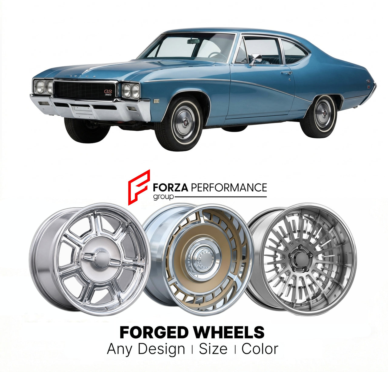 CUSTOM CLASSIC VINTAGE RESTOMOD RETRO OLD SCHOOL FORGED WHEELS RIMS for BUICK SKYLARK GS 350 1968 - 1972
Custom forged wheels for classic American muscle cars. Ideal for restomod builds, vintage restorations, and show cars. Deep dish and retro styling available.

We manufacture premium quality forged wheels rims for Buick Skylark GS 350 1968 - 1972 in any design, size, color.

THIS WHEEL DESIGN CAN BE CUSTOM-MADE FOR YOUR CAR IN ANY SIZE AND COLOR OPTIONS
Available in monoblock, 2-piece, 3-piece, duoblock, 