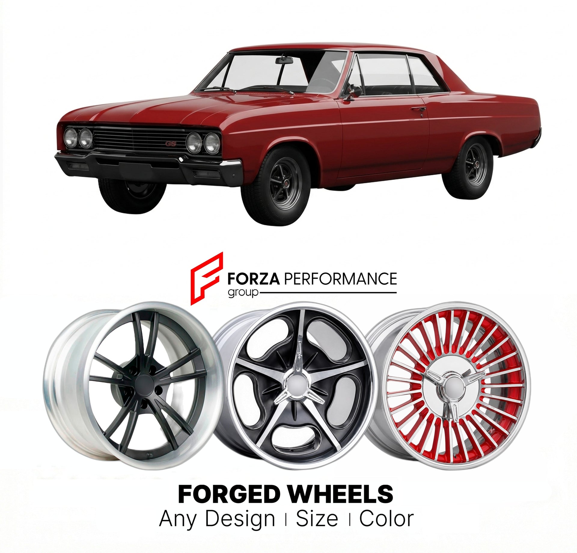 CUSTOM CLASSIC VINTAGE RESTOMOD RETRO OLD SCHOOL FORGED WHEELS RIMS for BUICK SKYLARK GS 400 1965 - 1967
Custom forged wheels for classic American muscle cars. Ideal for restomod builds, vintage restorations, and show cars. Deep dish and retro styling available.

We manufacture premium quality forged wheels rims for Buick Skylark GS 400 1965 - 1967 in any design, size, color.

THIS WHEEL DESIGN CAN BE CUSTOM-MADE FOR YOUR CAR IN ANY SIZE AND COLOR OPTIONS
Available in monoblock, 2-piece, 3-piece, duoblock, 