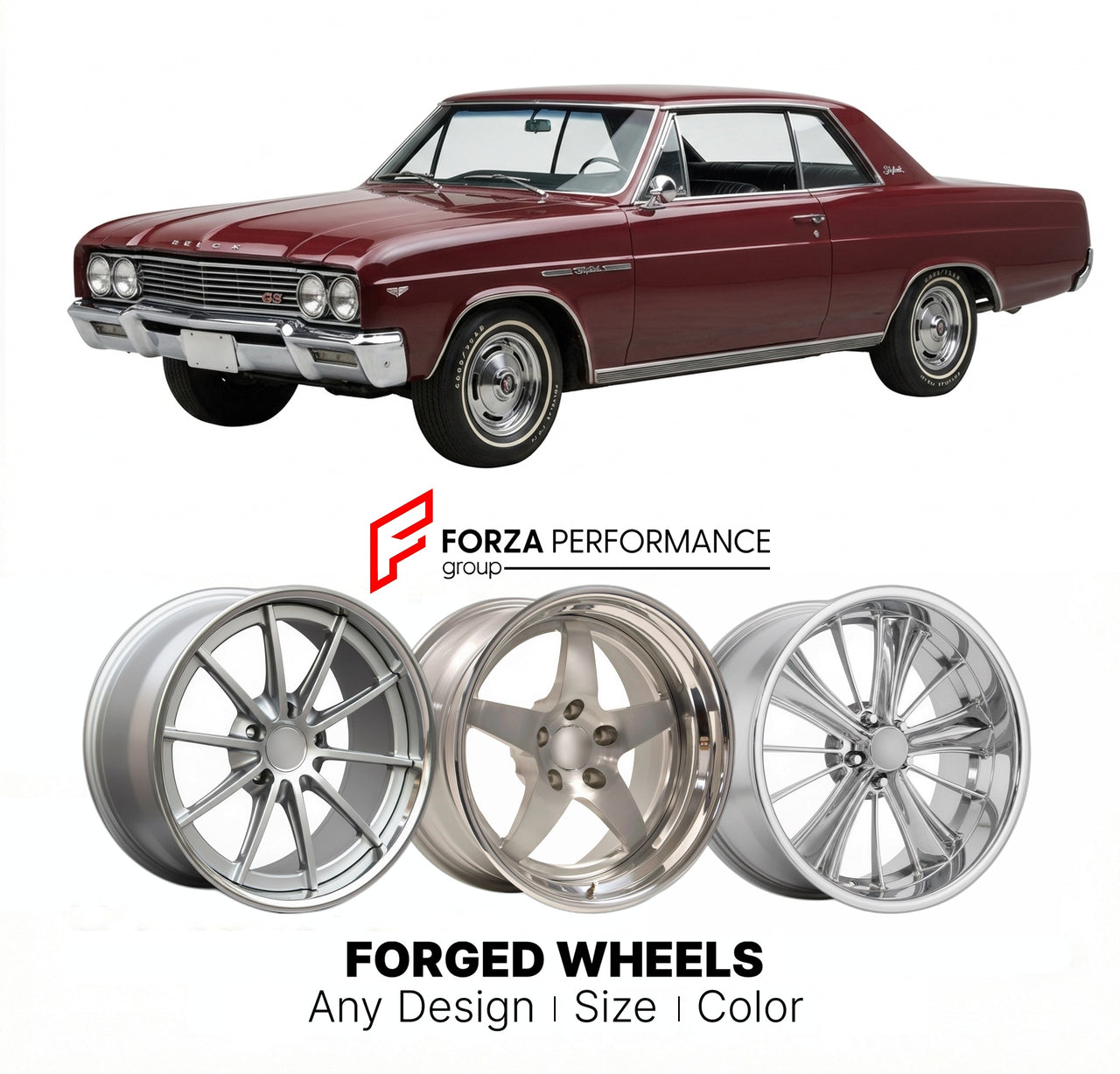 CUSTOM CLASSIC VINTAGE RESTOMOD RETRO OLD SCHOOL FORGED WHEELS RIMS for BUICK SKYLARK GRAND SPORT 1965 - 1967
Custom forged wheels for classic American muscle cars. Ideal for restomod builds, vintage restorations, and show cars. Deep dish and retro styling available.

We manufacture premium quality forged wheels rims for Buick Skylark Grand Sport 1965 - 1967 in any design, size, color.

THIS WHEEL DESIGN CAN BE CUSTOM-MADE FOR YOUR CAR IN ANY SIZE AND COLOR OPTIONS
Available in monoblock, 2-piece, 3-piece, 