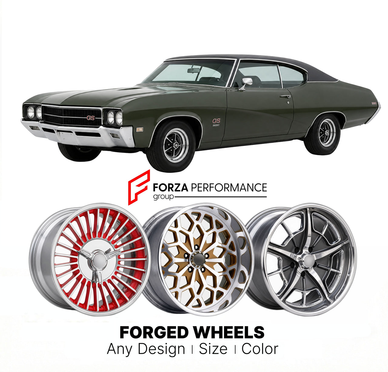 CUSTOM CLASSIC VINTAGE RESTOMOD RETRO OLD SCHOOL FORGED WHEELS RIMS for BUICK SKYLARK GRAND SPORT 1968 - 1972
Custom forged wheels for classic American muscle cars. Ideal for restomod builds, vintage restorations, and show cars. Deep dish and retro styling available.

We manufacture premium quality forged wheels rims for Buick Skylark Grand Sport 1968 - 1972 in any design, size, color.

THIS WHEEL DESIGN CAN BE CUSTOM-MADE FOR YOUR CAR IN ANY SIZE AND COLOR OPTIONS
Available in monoblock, 2-piece, 3-piece, 