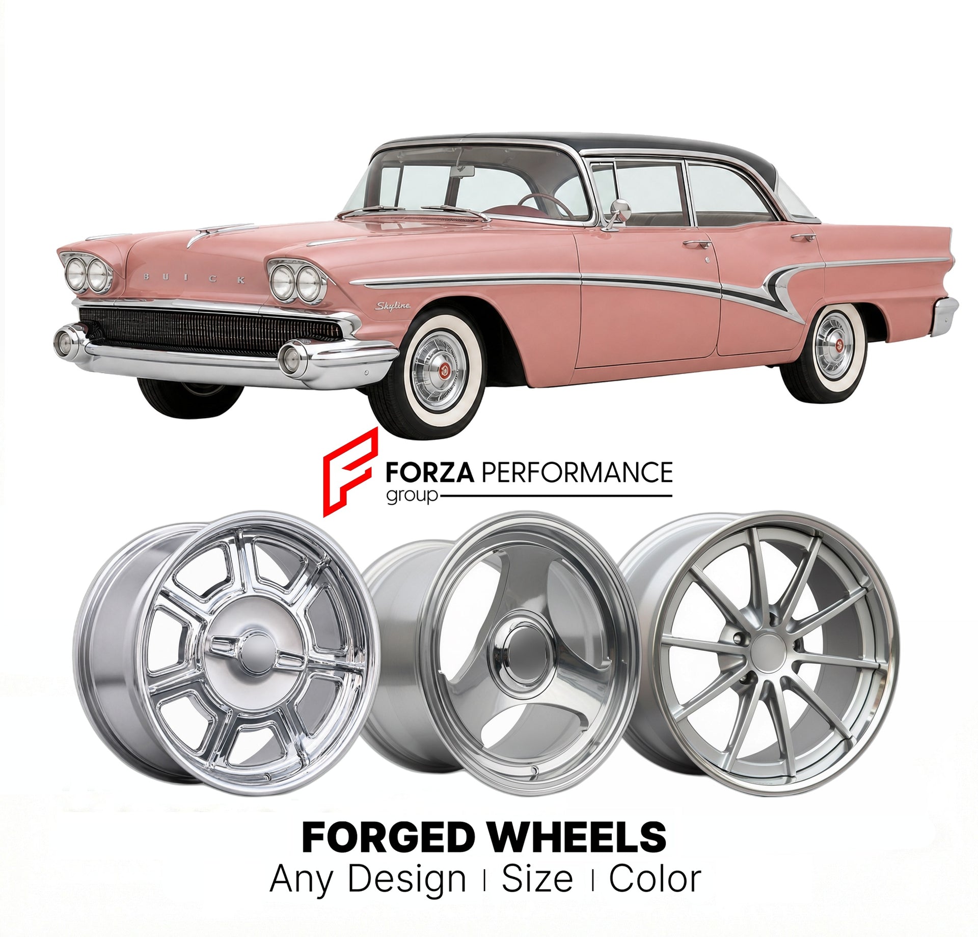 CUSTOM CLASSIC VINTAGE RESTOMOD RETRO OLD SCHOOL FORGED WHEELS RIMS for BUICK SKYLINE 1958 - 1961
Custom forged wheels for classic American muscle cars. Ideal for restomod builds, vintage restorations, and show cars. Deep dish and retro styling available.

We manufacture premium quality forged wheels rims for Buick Skyline 1958 - 1961 in any design, size, color.

THIS WHEEL DESIGN CAN BE CUSTOM-MADE FOR YOUR CAR IN ANY SIZE AND COLOR OPTIONS
Available in monoblock, 2-piece, 3-piece, duoblock, beadlock
3D wh
