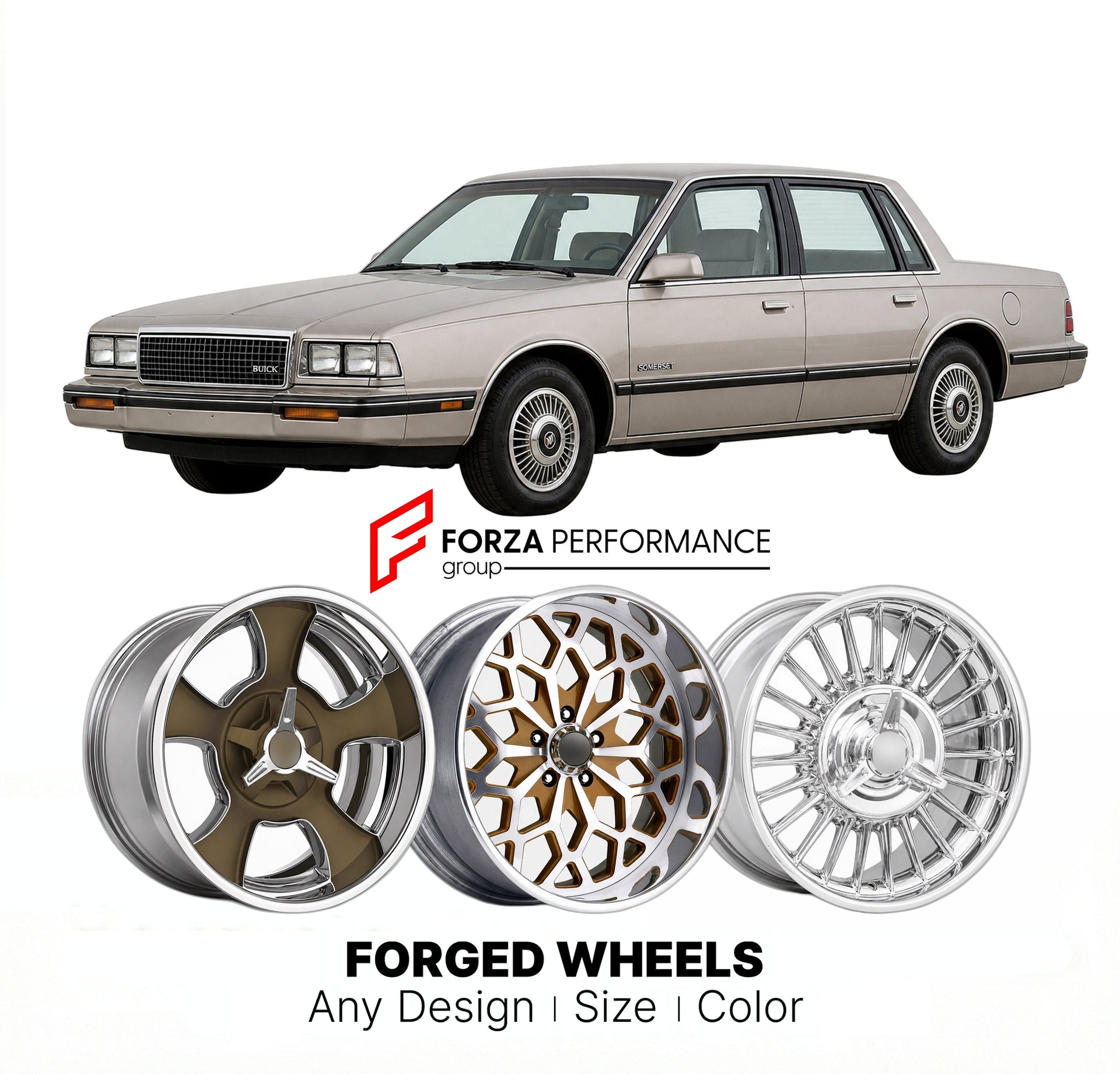 CUSTOM CLASSIC VINTAGE RESTOMOD RETRO OLD SCHOOL FORGED WHEELS RIMS for BUICK SOMERSET 1986 - 1988
Custom forged wheels for classic American muscle cars. Ideal for restomod builds, vintage restorations, and show cars. Deep dish and retro styling available.

We manufacture premium quality forged wheels rims for Buick Somerset 1986 - 1988 in any design, size, color.

THIS WHEEL DESIGN CAN BE CUSTOM-MADE FOR YOUR CAR IN ANY SIZE AND COLOR OPTIONS
Available in monoblock, 2-piece, 3-piece, duoblock, beadlock
3D 