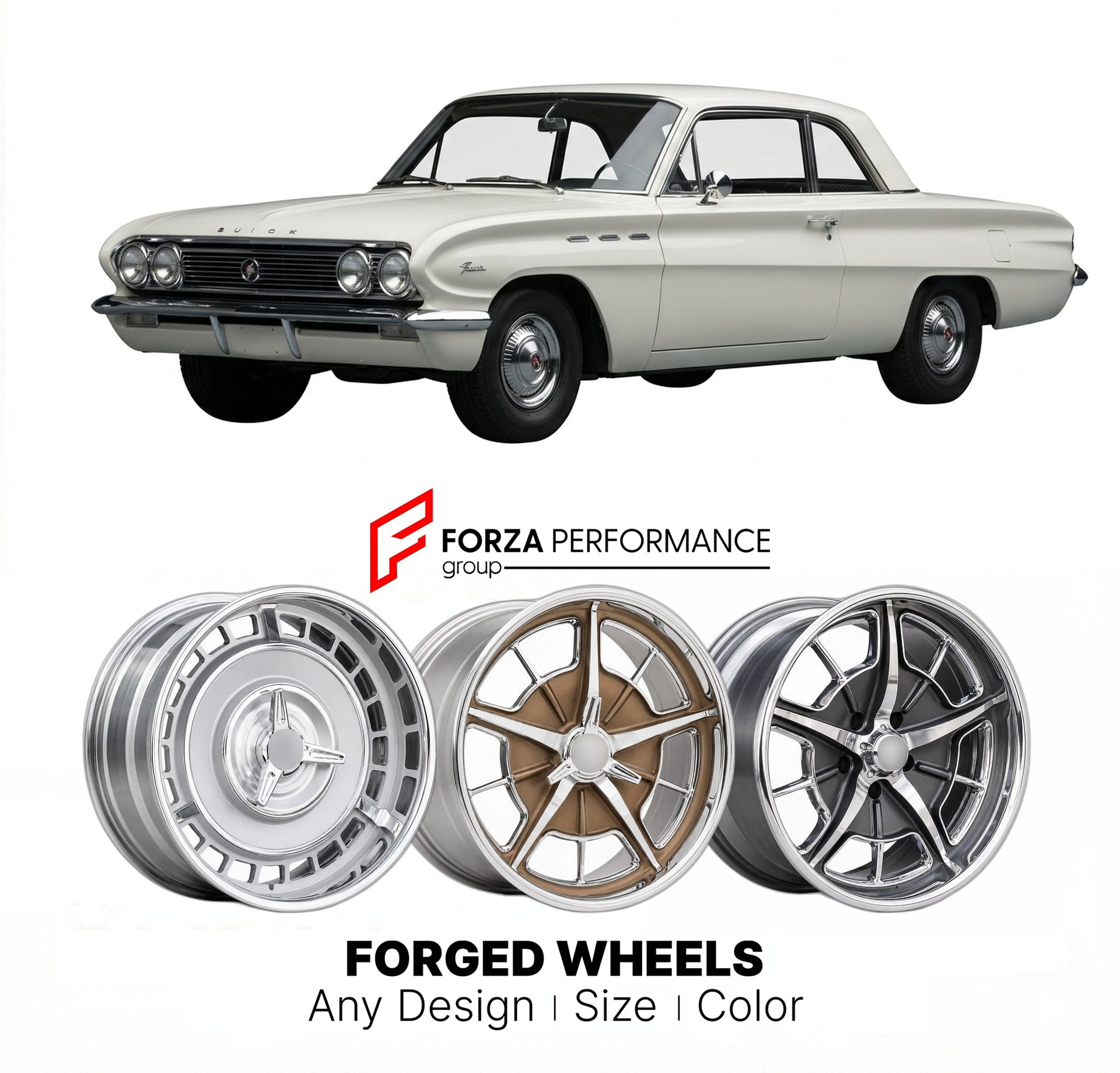 CUSTOM CLASSIC VINTAGE RESTOMOD RETRO OLD SCHOOL FORGED WHEELS RIMS for BUICK SPECIAL RIVIERA 1962 - 1963
Custom forged wheels for classic American muscle cars. Ideal for restomod builds, vintage restorations, and show cars. Deep dish and retro styling available.

We manufacture premium quality forged wheels rims for Buick Special Riviera 1962 - 1963 in any design, size, color.

THIS WHEEL DESIGN CAN BE CUSTOM-MADE FOR YOUR CAR IN ANY SIZE AND COLOR OPTIONS
Available in monoblock, 2-piece, 3-piece, duoblock