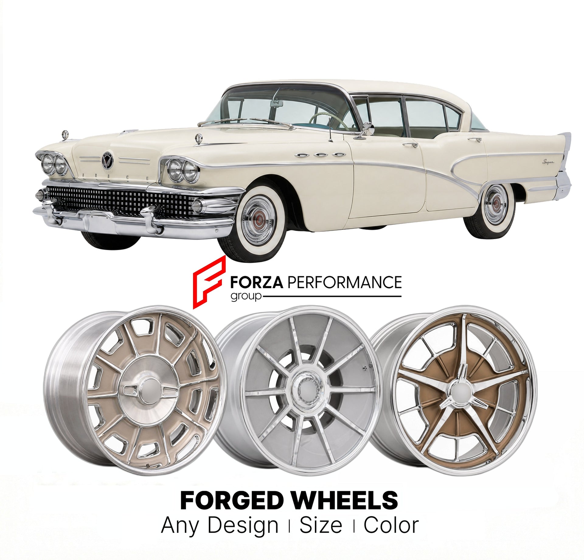 CUSTOM CLASSIC VINTAGE RESTOMOD RETRO OLD SCHOOL FORGED WHEELS RIMS for BUICK SUPER 1958 - 1958
Custom forged wheels for classic American muscle cars. Ideal for restomod builds, vintage restorations, and show cars. Deep dish and retro styling available.

We manufacture premium quality forged wheels rims for Buick Super 1958 - 1958 in any design, size, color.

THIS WHEEL DESIGN CAN BE CUSTOM-MADE FOR YOUR CAR IN ANY SIZE AND COLOR OPTIONS
Available in monoblock, 2-piece, 3-piece, duoblock, beadlock
3D wheel 