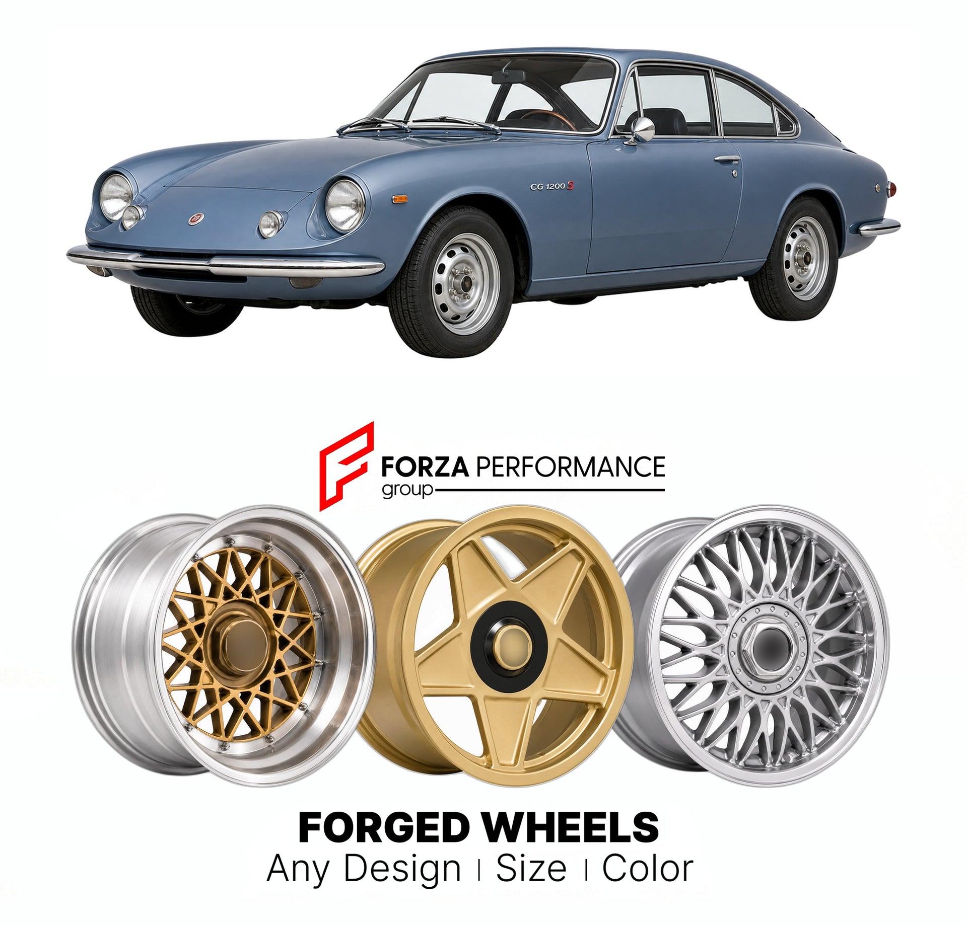 CUSTOM CLASSIC VINTAGE RESTOMOD RETRO OLD SCHOOL FORGED WHEELS RIMS for CG 1200 S 1968 - 1972

Custom forged wheels for CG 1200 S 1968 - 1972. Classic, vintage, restomod wheel designs made to order in custom sizes, offsets, colors and finishes.

We manufacture premium quality forged wheels rims for CG 1200 S 1968 - 1972 in any design, size, color.

THIS WHEEL DESIGN CAN BE CUSTOM-MADE FOR YOUR CAR IN ANY SIZE AND COLOR OPTIONS
Available in monoblock, 2-piece, 3-piece, duoblock, beadlock
3D wheel renderings 