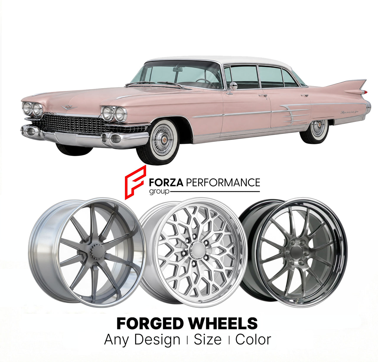 CUSTOM CLASSIC VINTAGE RESTOMOD RETRO OLD SCHOOL FORGED WHEELS RIMS for CADILLAC 60 SPECIAL 1958 - 1976
Custom forged wheels for classic American muscle cars. Ideal for restomod builds, vintage restorations, and show cars. Deep dish and retro styling available.

We manufacture premium quality forged wheels rims for Cadillac 60 Special 1958 - 1976 in any design, size, color.

THIS WHEEL DESIGN CAN BE CUSTOM-MADE FOR YOUR CAR IN ANY SIZE AND COLOR OPTIONS
Available in monoblock, 2-piece, 3-piece, duoblock, be