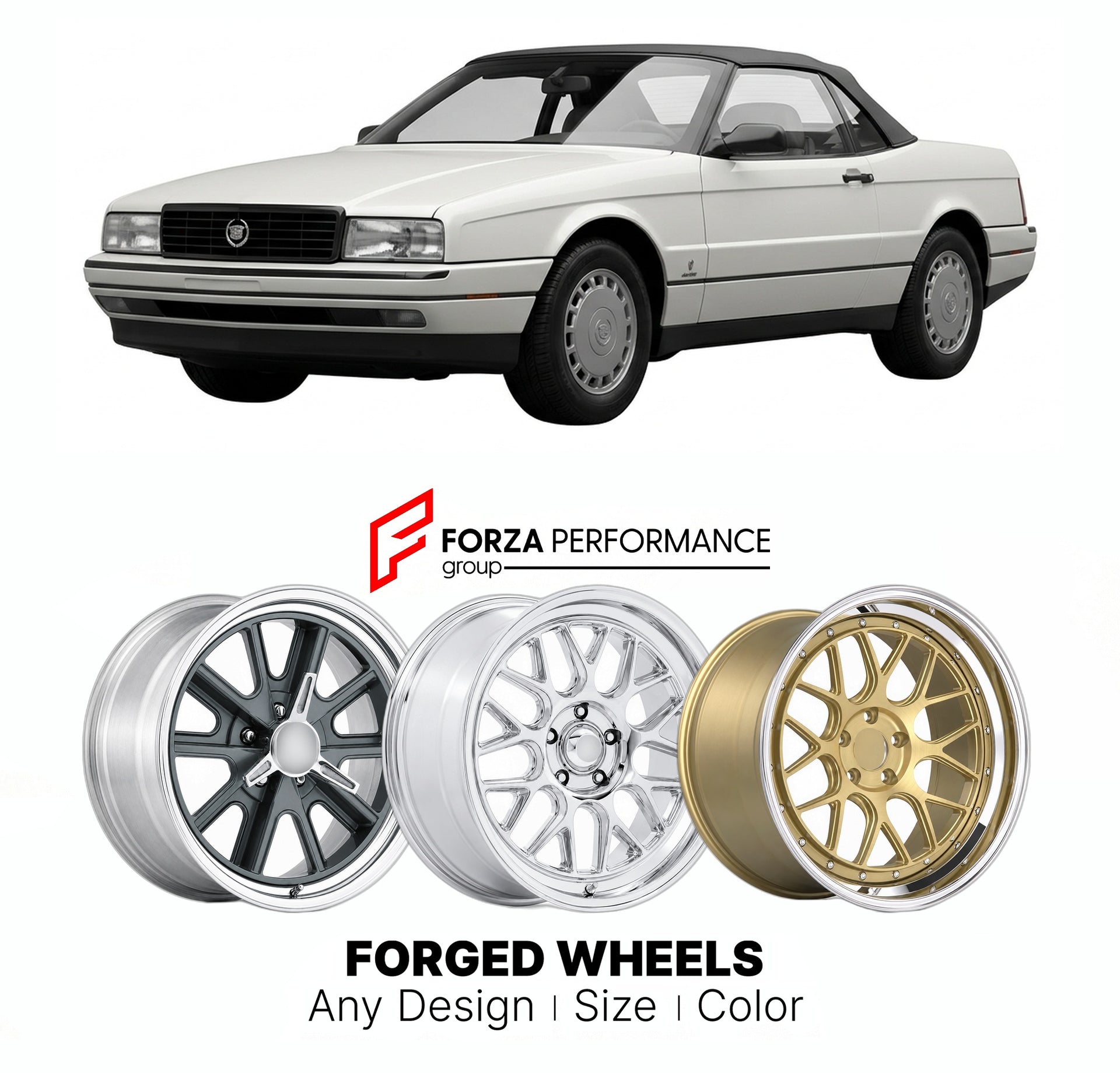 FORGED WHEELS RIMS for CADILLAC ALLANTE 1990 - 1993

Custom forged wheels for Cadillac Allante 1990 - 1993. Made-to-order monoblock, 2-piece and 3-piece rims in custom sizes, offsets, colors and finishes with guaranteed fitment.

We manufacture premium quality forged wheels rims for Cadillac Allante 1990 - 1993 in any design, size, color.

THIS WHEEL DESIGN CAN BE CUSTOM-MADE FOR YOUR CAR IN ANY SIZE AND COLOR OPTIONS
Available in monoblock, 2-piece, 3-piece, duoblock, beadlock
3D wheel renderings are provi