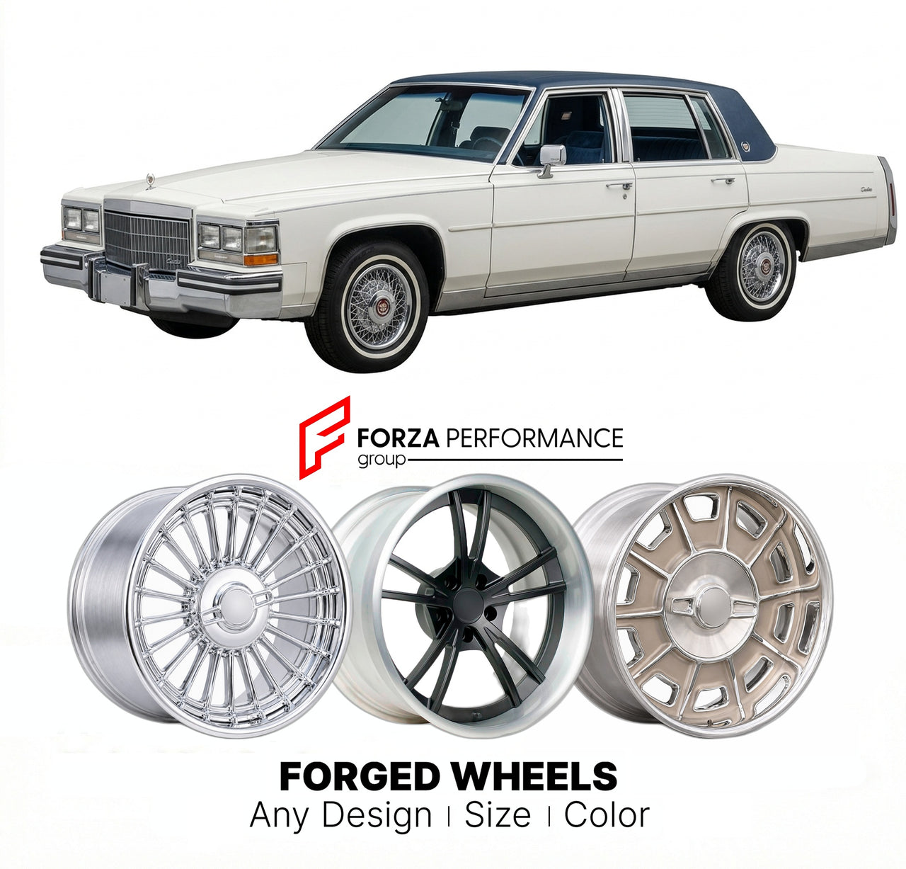 CUSTOM CLASSIC VINTAGE RESTOMOD RETRO OLD SCHOOL FORGED WHEELS RIMS for CADILLAC BROUGHAM 1987 - 1990
Custom forged wheels for classic American muscle cars. Ideal for restomod builds, vintage restorations, and show cars. Deep dish and retro styling available.

We manufacture premium quality forged wheels rims for Cadillac Brougham 1987 - 1990 in any design, size, color.

THIS WHEEL DESIGN CAN BE CUSTOM-MADE FOR YOUR CAR IN ANY SIZE AND COLOR OPTIONS
Available in monoblock, 2-piece, 3-piece, duoblock, beadlo