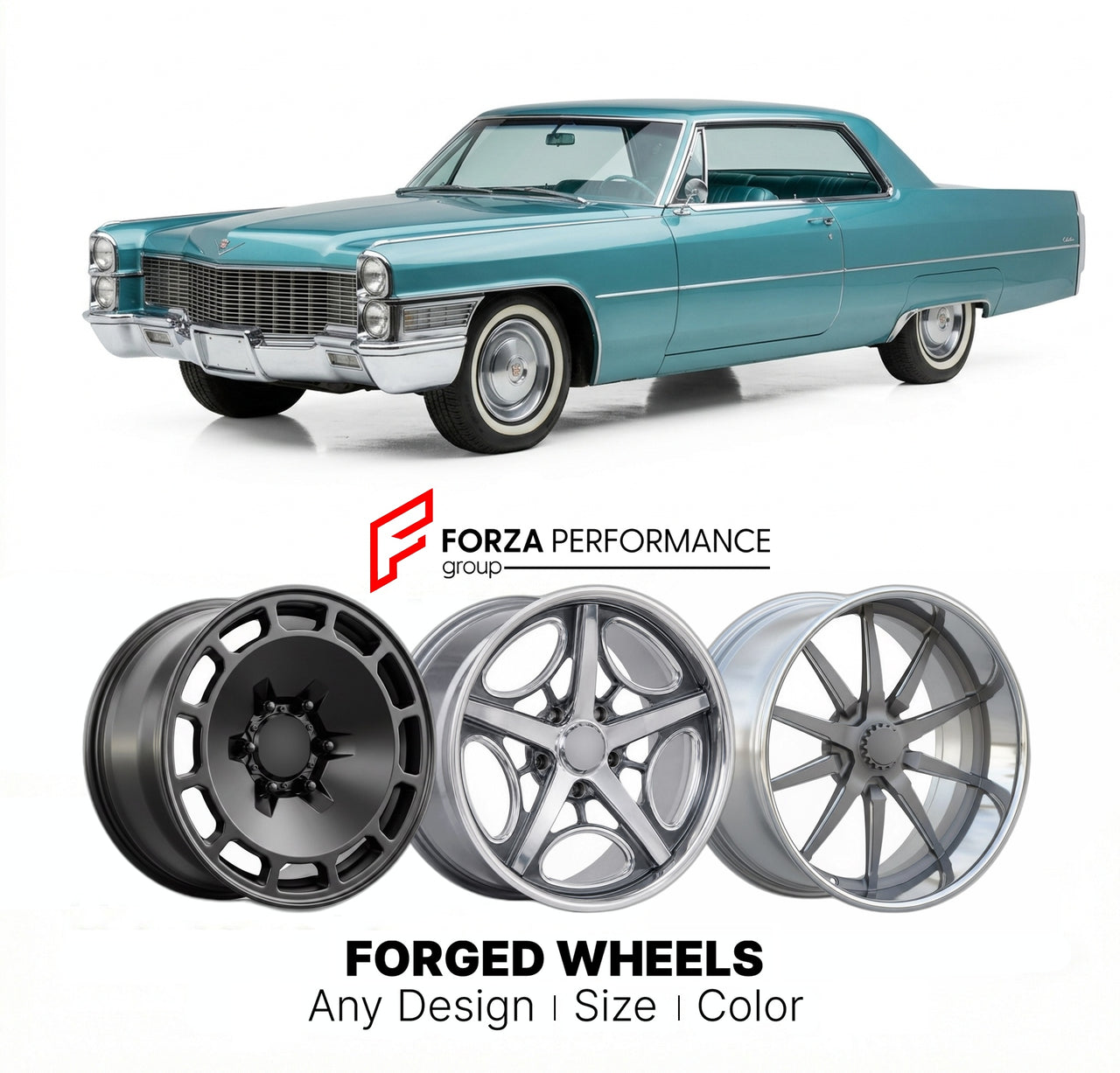 CUSTOM CLASSIC VINTAGE RESTOMOD RETRO OLD SCHOOL FORGED WHEELS RIMS for CADILLAC CALAIS DE VILLE 1965 - 1976
Custom forged wheels for classic American muscle cars. Ideal for restomod builds, vintage restorations, and show cars. Deep dish and retro styling available.

We manufacture premium quality forged wheels rims for Cadillac Calais de Ville 1965 - 1976 in any design, size, color.

THIS WHEEL DESIGN CAN BE CUSTOM-MADE FOR YOUR CAR IN ANY SIZE AND COLOR OPTIONS
Available in monoblock, 2-piece, 3-piece, du