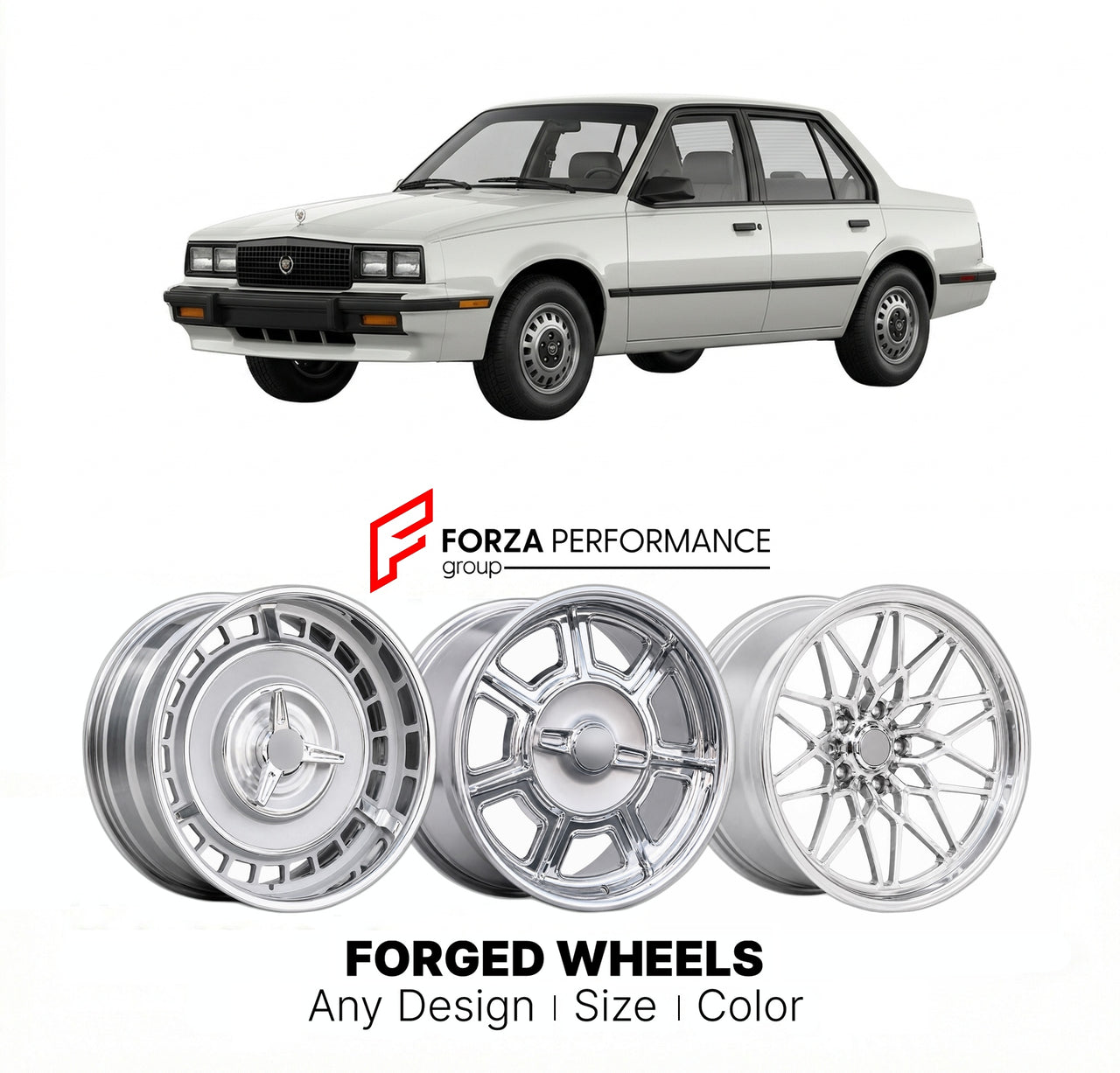 CUSTOM CLASSIC VINTAGE RESTOMOD RETRO OLD SCHOOL FORGED WHEELS RIMS for CADILLAC CIMARRON 1982 - 1988
Custom forged wheels for classic American muscle cars. Ideal for restomod builds, vintage restorations, and show cars. Deep dish and retro styling available.

We manufacture premium quality forged wheels rims for Cadillac Cimarron 1982 - 1988 in any design, size, color.

THIS WHEEL DESIGN CAN BE CUSTOM-MADE FOR YOUR CAR IN ANY SIZE AND COLOR OPTIONS
Available in monoblock, 2-piece, 3-piece, duoblock, beadlo