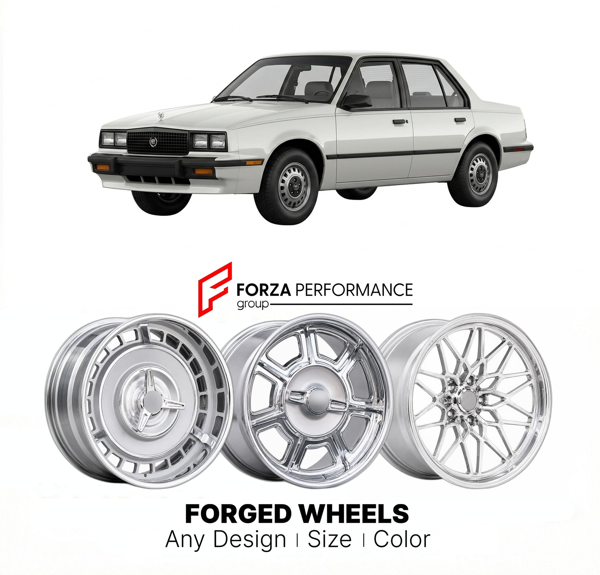 CUSTOM CLASSIC VINTAGE RESTOMOD RETRO OLD SCHOOL FORGED WHEELS RIMS for CADILLAC CIMARRON 1982 - 1988
Custom forged wheels for classic American muscle cars. Ideal for restomod builds, vintage restorations, and show cars. Deep dish and retro styling available.

We manufacture premium quality forged wheels rims for Cadillac Cimarron 1982 - 1988 in any design, size, color.

THIS WHEEL DESIGN CAN BE CUSTOM-MADE FOR YOUR CAR IN ANY SIZE AND COLOR OPTIONS
Available in monoblock, 2-piece, 3-piece, duoblock, beadlo