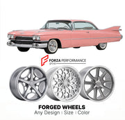 CUSTOM CLASSIC VINTAGE RESTOMOD RETRO OLD SCHOOL FORGED WHEELS RIMS for CADILLAC COUPE DE VILLE 1959 - 1960
Custom forged wheels for classic American muscle cars. Ideal for restomod builds, vintage restorations, and show cars. Deep dish and retro styling available.

We manufacture premium quality forged wheels rims for Cadillac Coupe de Ville 1959 - 1960 in any design, size, color.

THIS WHEEL DESIGN CAN BE CUSTOM-MADE FOR YOUR CAR IN ANY SIZE AND COLOR OPTIONS
Available in monoblock, 2-piece, 3-piece, duob