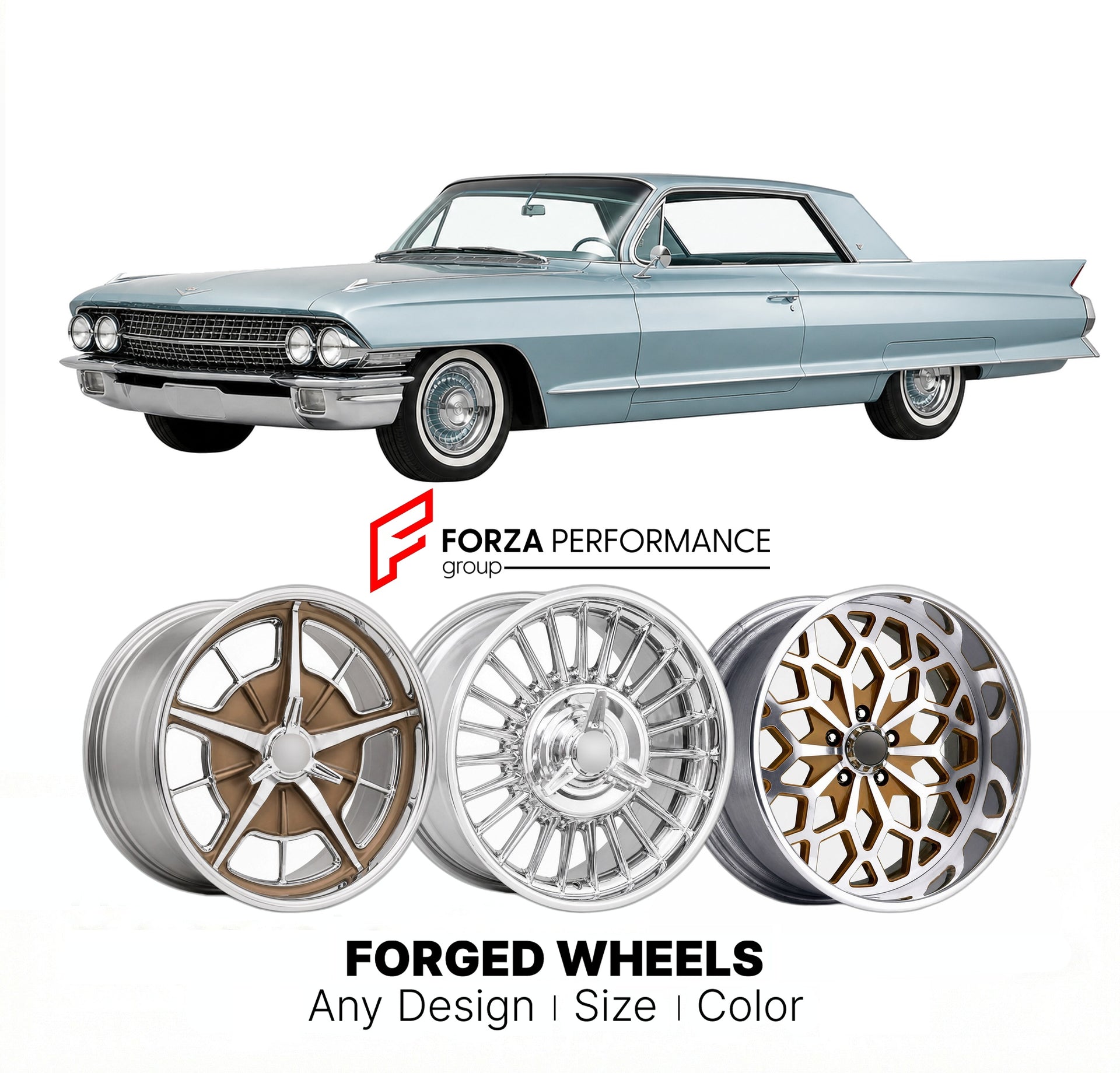 CUSTOM CLASSIC VINTAGE RESTOMOD RETRO OLD SCHOOL FORGED WHEELS RIMS for CADILLAC COUPE DE VILLE 1961 - 1964
Custom forged wheels for classic American muscle cars. Ideal for restomod builds, vintage restorations, and show cars. Deep dish and retro styling available.

We manufacture premium quality forged wheels rims for Cadillac Coupe de Ville 1961 - 1964 in any design, size, color.

THIS WHEEL DESIGN CAN BE CUSTOM-MADE FOR YOUR CAR IN ANY SIZE AND COLOR OPTIONS
Available in monoblock, 2-piece, 3-piece, duob
