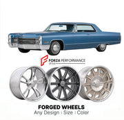 CUSTOM CLASSIC VINTAGE RESTOMOD RETRO OLD SCHOOL FORGED WHEELS RIMS for CADILLAC COUPE DE VILLE 1965 - 1970
Custom forged wheels for classic American muscle cars. Ideal for restomod builds, vintage restorations, and show cars. Deep dish and retro styling available.

We manufacture premium quality forged wheels rims for Cadillac Coupe de Ville 1965 - 1970 in any design, size, color.

THIS WHEEL DESIGN CAN BE CUSTOM-MADE FOR YOUR CAR IN ANY SIZE AND COLOR OPTIONS
Available in monoblock, 2-piece, 3-piece, duob
