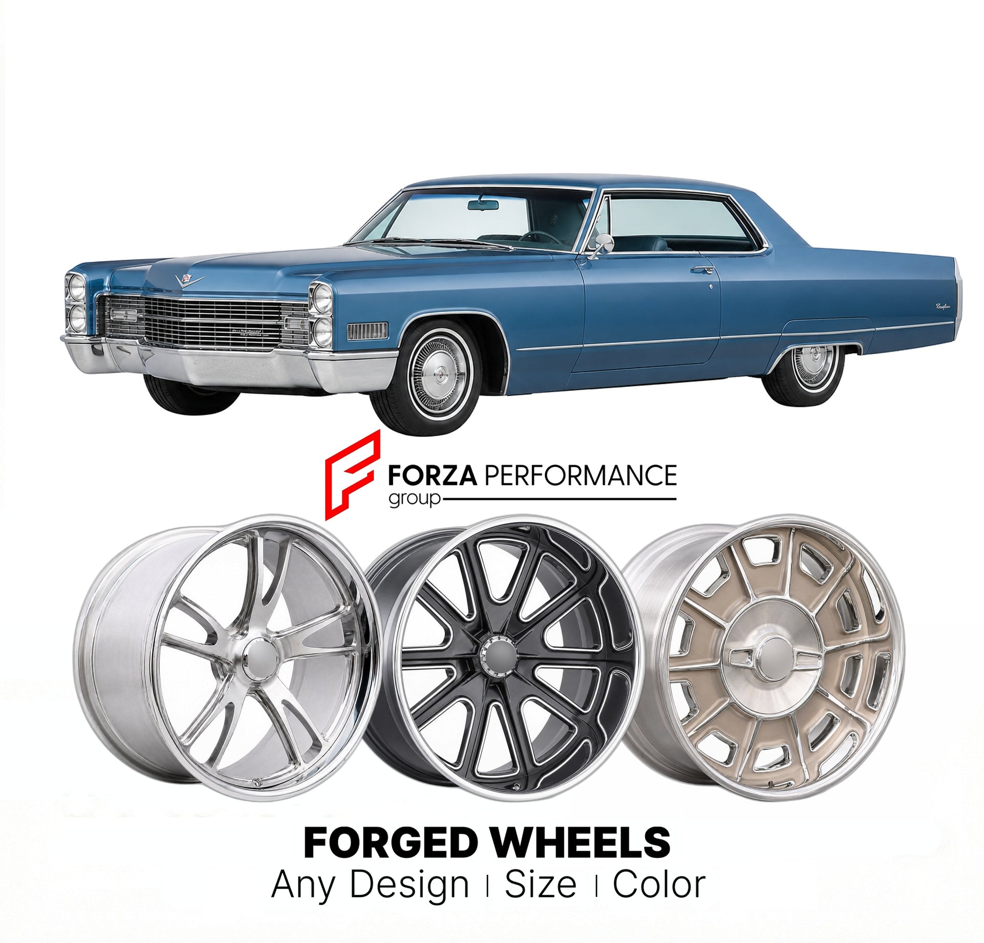 CUSTOM CLASSIC VINTAGE RESTOMOD RETRO OLD SCHOOL FORGED WHEELS RIMS for CADILLAC COUPE DE VILLE 1965 - 1970
Custom forged wheels for classic American muscle cars. Ideal for restomod builds, vintage restorations, and show cars. Deep dish and retro styling available.

We manufacture premium quality forged wheels rims for Cadillac Coupe de Ville 1965 - 1970 in any design, size, color.

THIS WHEEL DESIGN CAN BE CUSTOM-MADE FOR YOUR CAR IN ANY SIZE AND COLOR OPTIONS
Available in monoblock, 2-piece, 3-piece, duob
