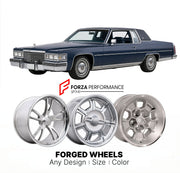 CUSTOM CLASSIC VINTAGE RESTOMOD RETRO OLD SCHOOL FORGED WHEELS RIMS for CADILLAC COUPE DE VILLE 1977 - 1984
Custom forged wheels for classic American muscle cars. Ideal for restomod builds, vintage restorations, and show cars. Deep dish and retro styling available.

We manufacture premium quality forged wheels rims for Cadillac Coupe de Ville 1977 - 1984 in any design, size, color.

THIS WHEEL DESIGN CAN BE CUSTOM-MADE FOR YOUR CAR IN ANY SIZE AND COLOR OPTIONS
Available in monoblock, 2-piece, 3-piece, duob