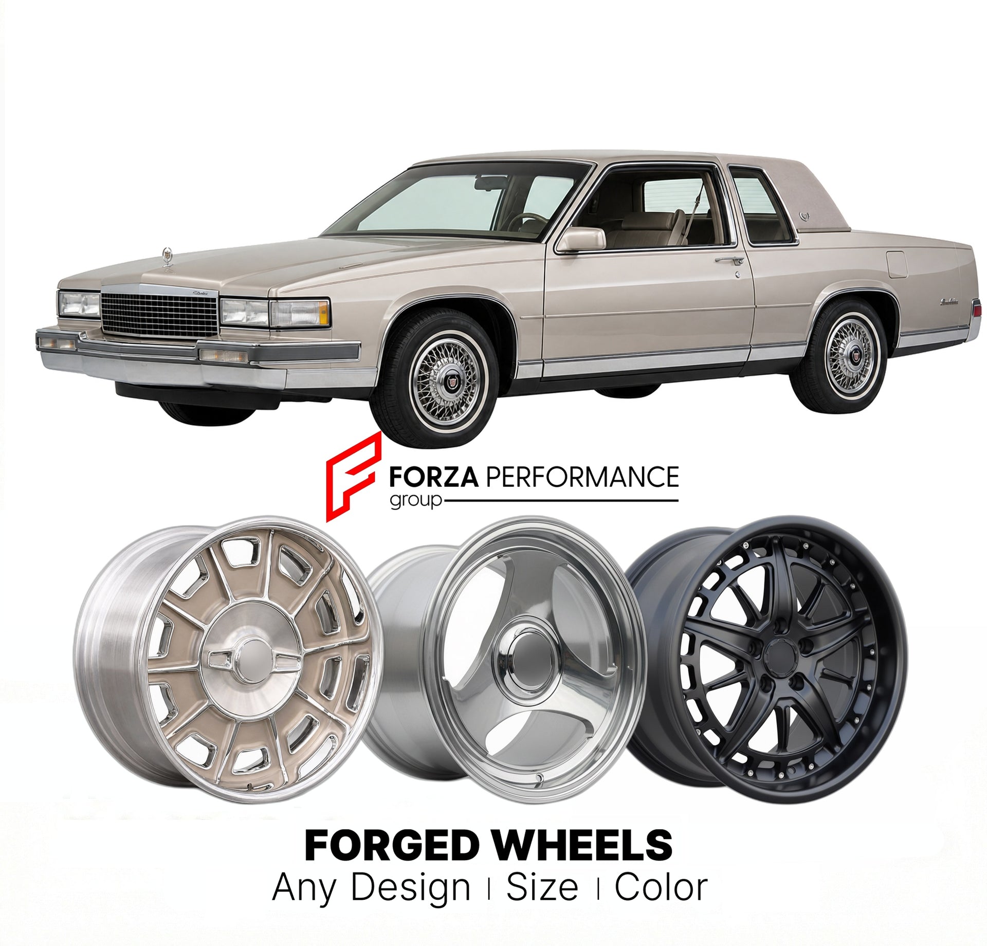 CUSTOM CLASSIC VINTAGE RESTOMOD RETRO OLD SCHOOL FORGED WHEELS RIMS for CADILLAC COUPE DE VILLE 1985 - 1990
Custom forged wheels for classic American muscle cars. Ideal for restomod builds, vintage restorations, and show cars. Deep dish and retro styling available.

We manufacture premium quality forged wheels rims for Cadillac Coupe de Ville 1985 - 1990 in any design, size, color.

THIS WHEEL DESIGN CAN BE CUSTOM-MADE FOR YOUR CAR IN ANY SIZE AND COLOR OPTIONS
Available in monoblock, 2-piece, 3-piece, duob