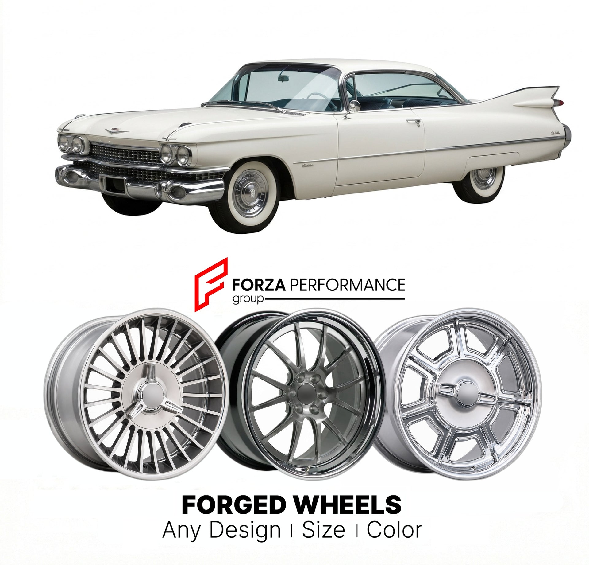 CUSTOM CLASSIC VINTAGE RESTOMOD RETRO OLD SCHOOL FORGED WHEELS RIMS for CADILLAC DEVILLE 1959 - 1960
Custom forged wheels for classic American muscle cars. Ideal for restomod builds, vintage restorations, and show cars. Deep dish and retro styling available.

We manufacture premium quality forged wheels rims for Cadillac DeVille 1959 - 1960 in any design, size, color.

THIS WHEEL DESIGN CAN BE CUSTOM-MADE FOR YOUR CAR IN ANY SIZE AND COLOR OPTIONS
Available in monoblock, 2-piece, 3-piece, duoblock, beadlock