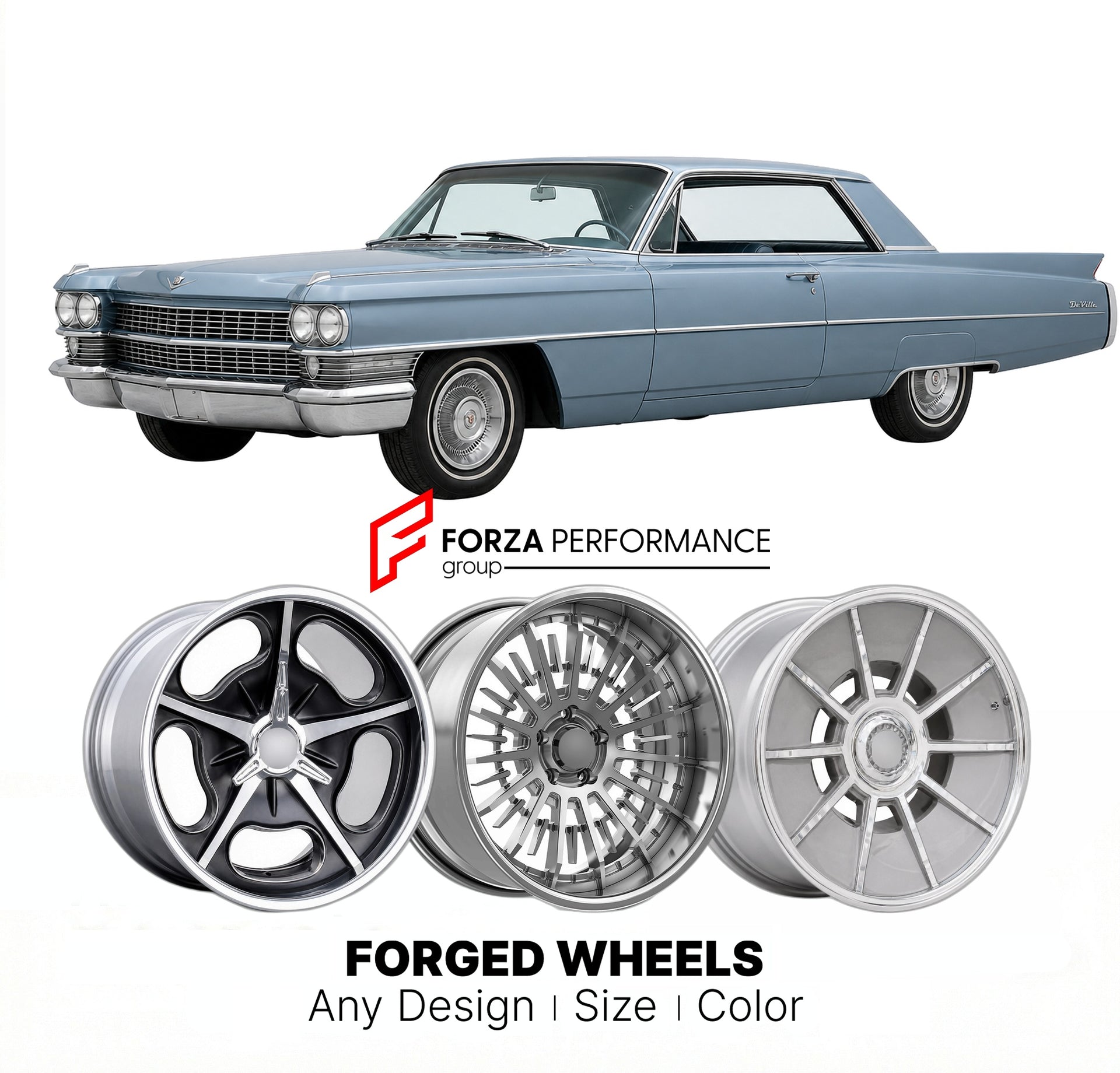 CUSTOM CLASSIC VINTAGE RESTOMOD RETRO OLD SCHOOL FORGED WHEELS RIMS for CADILLAC DEVILLE 1961 - 1964
Custom forged wheels for classic American muscle cars. Ideal for restomod builds, vintage restorations, and show cars. Deep dish and retro styling available.

We manufacture premium quality forged wheels rims for Cadillac DeVille 1961 - 1964 in any design, size, color.

THIS WHEEL DESIGN CAN BE CUSTOM-MADE FOR YOUR CAR IN ANY SIZE AND COLOR OPTIONS
Available in monoblock, 2-piece, 3-piece, duoblock, beadlock