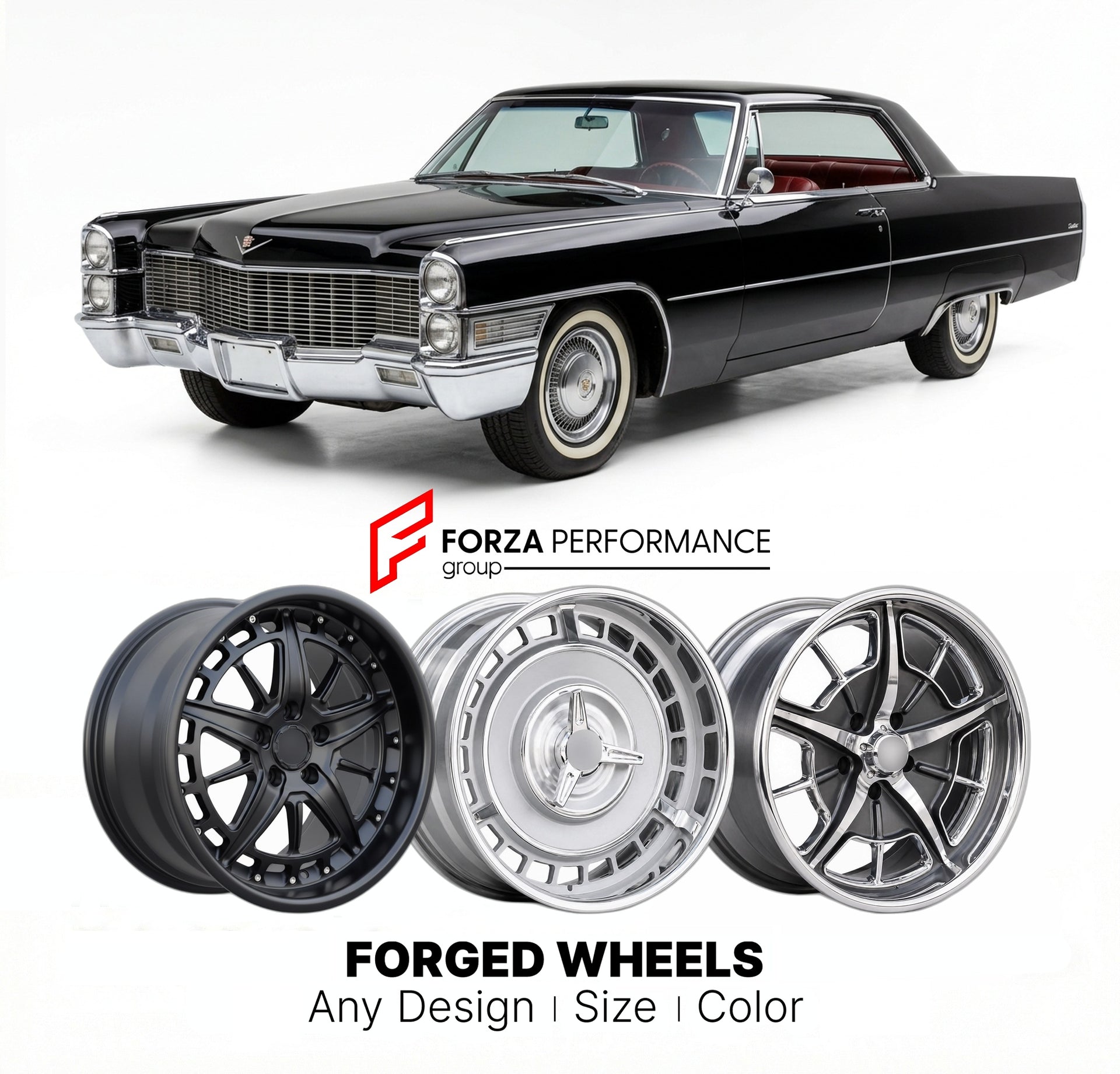 CUSTOM CLASSIC VINTAGE RESTOMOD RETRO OLD SCHOOL FORGED WHEELS RIMS for CADILLAC DEVILLE 1965 - 1970
Custom forged wheels for classic American muscle cars. Ideal for restomod builds, vintage restorations, and show cars. Deep dish and retro styling available.

We manufacture premium quality forged wheels rims for Cadillac DeVille 1965 - 1970 in any design, size, color.

THIS WHEEL DESIGN CAN BE CUSTOM-MADE FOR YOUR CAR IN ANY SIZE AND COLOR OPTIONS
Available in monoblock, 2-piece, 3-piece, duoblock, beadlock