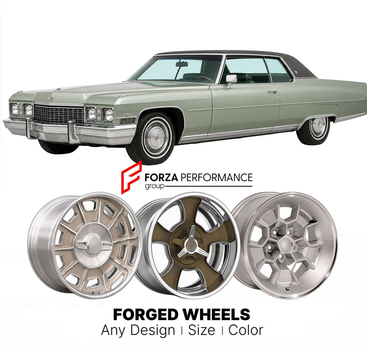 CUSTOM CLASSIC VINTAGE RESTOMOD RETRO OLD SCHOOL FORGED WHEELS RIMS for CADILLAC DEVILLE 1971 - 1976
Custom forged wheels for classic American muscle cars. Ideal for restomod builds, vintage restorations, and show cars. Deep dish and retro styling available.

We manufacture premium quality forged wheels rims for Cadillac DeVille 1971 - 1976 in any design, size, color.

THIS WHEEL DESIGN CAN BE CUSTOM-MADE FOR YOUR CAR IN ANY SIZE AND COLOR OPTIONS
Available in monoblock, 2-piece, 3-piece, duoblock, beadlock