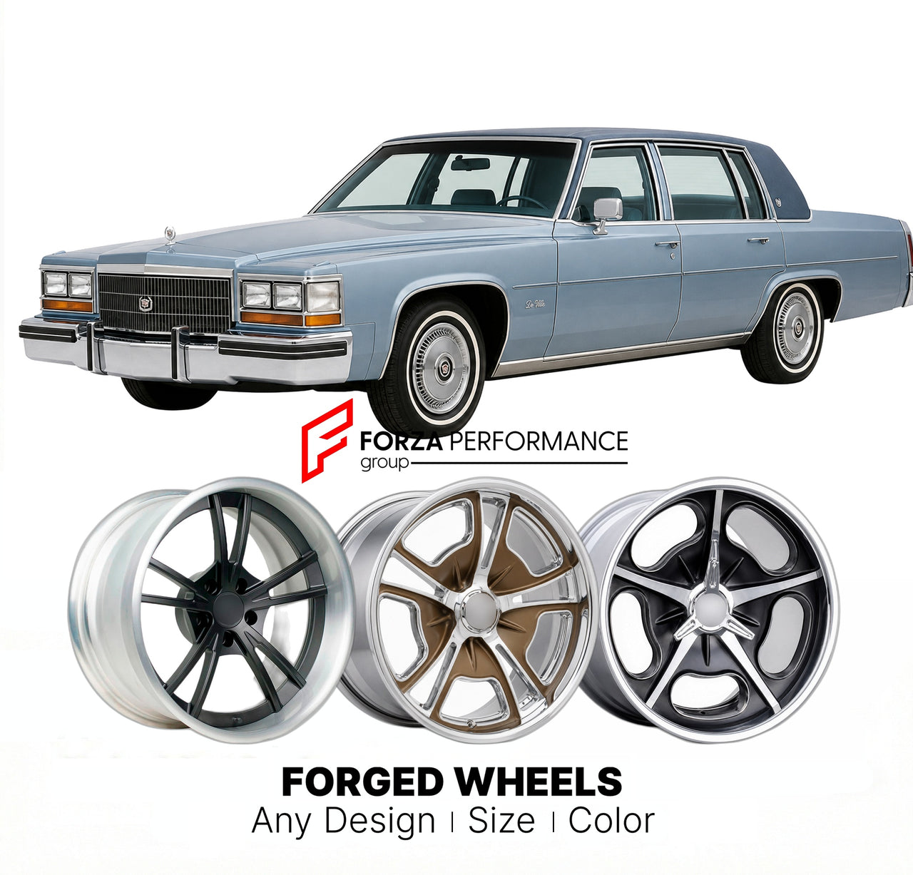 CUSTOM CLASSIC VINTAGE RESTOMOD RETRO OLD SCHOOL FORGED WHEELS RIMS for CADILLAC DEVILLE 1977 - 1984
Custom forged wheels for classic American muscle cars. Ideal for restomod builds, vintage restorations, and show cars. Deep dish and retro styling available.

We manufacture premium quality forged wheels rims for Cadillac DeVille 1977 - 1984 in any design, size, color.

THIS WHEEL DESIGN CAN BE CUSTOM-MADE FOR YOUR CAR IN ANY SIZE AND COLOR OPTIONS
Available in monoblock, 2-piece, 3-piece, duoblock, beadlock