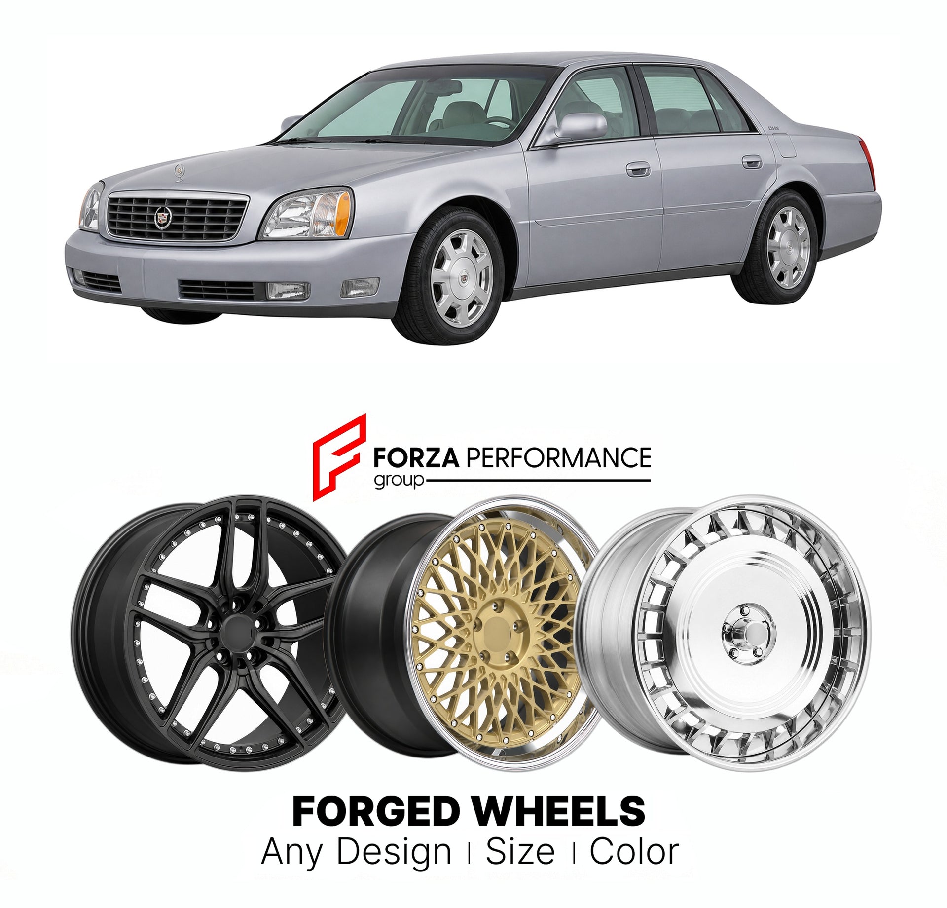 FORGED WHEELS RIMS for CADILLAC DEVILLE DHS K-BODY G-BODY 1990 - 2005

Custom forged wheels for Cadillac DeVille DHS K-Body G-Body 1990 - 2005. Made-to-order monoblock, 2-piece and 3-piece rims in custom sizes, offsets, colors and finishes with guaranteed fitment.

We manufacture premium quality forged wheels rims for Cadillac DeVille DHS K-Body G-Body 1990 - 2005 in any design, size, color.

THIS WHEEL DESIGN CAN BE CUSTOM-MADE FOR YOUR CAR IN ANY SIZE AND COLOR OPTIONS
Available in monoblock, 2-piece, 3-p