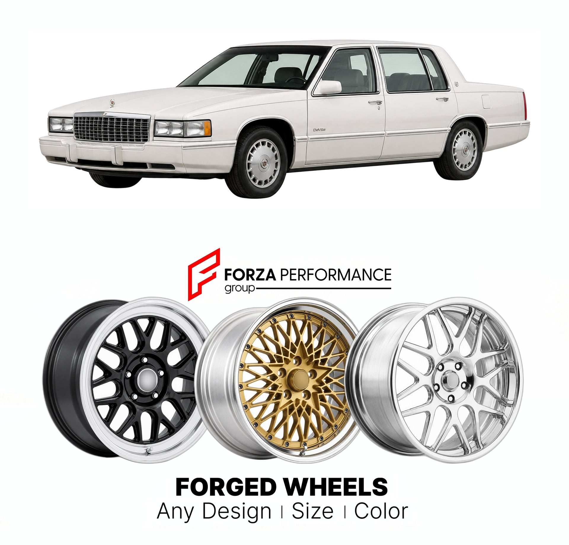 FORGED WHEELS RIMS for CADILLAC DEVILLE PROFESSIONAL CHASSIS K-BODY G-BODY 1990 - 2005

Custom forged wheels for Cadillac DeVille Professional Chassis K-Body G-Body 1990 - 2005. Made-to-order monoblock, 2-piece and 3-piece rims in custom sizes, offsets, colors and finishes with guaranteed fitment.

We manufacture premium quality forged wheels rims for Cadillac DeVille Professional Chassis K-Body G-Body 1990 - 2005 in any design, size, color.

THIS WHEEL DESIGN CAN BE CUSTOM-MADE FOR YOUR CAR IN ANY SIZE AND