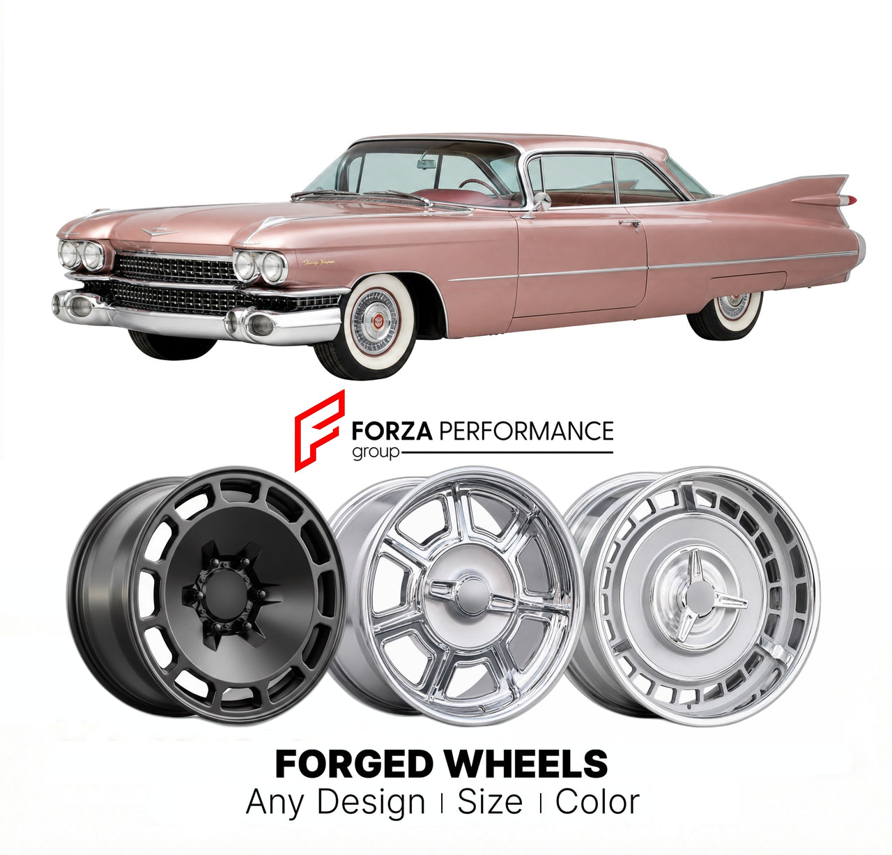 CUSTOM CLASSIC VINTAGE RESTOMOD RETRO OLD SCHOOL FORGED WHEELS RIMS for CADILLAC ELDORADO 1959 - 1960
Custom forged wheels for classic American muscle cars. Ideal for restomod builds, vintage restorations, and show cars. Deep dish and retro styling available.

We manufacture premium quality forged wheels rims for Cadillac Eldorado 1959 - 1960 in any design, size, color.

THIS WHEEL DESIGN CAN BE CUSTOM-MADE FOR YOUR CAR IN ANY SIZE AND COLOR OPTIONS
Available in monoblock, 2-piece, 3-piece, duoblock, beadlo