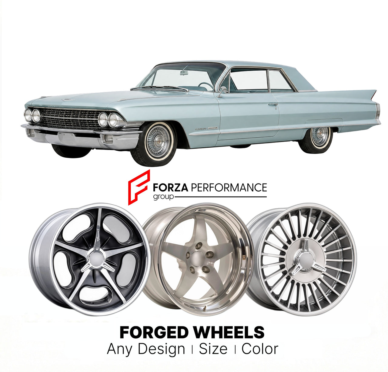 CUSTOM CLASSIC VINTAGE RESTOMOD RETRO OLD SCHOOL FORGED WHEELS RIMS for CADILLAC ELDORADO 1961 - 1962
Custom forged wheels for classic American muscle cars. Ideal for restomod builds, vintage restorations, and show cars. Deep dish and retro styling available.

We manufacture premium quality forged wheels rims for Cadillac Eldorado 1961 - 1962 in any design, size, color.

THIS WHEEL DESIGN CAN BE CUSTOM-MADE FOR YOUR CAR IN ANY SIZE AND COLOR OPTIONS
Available in monoblock, 2-piece, 3-piece, duoblock, beadlo