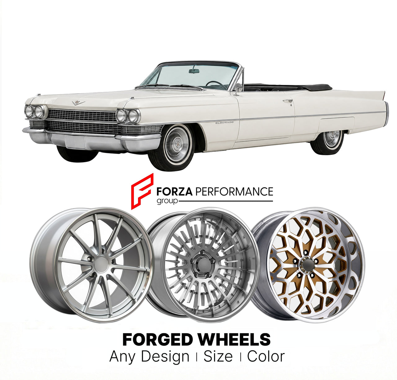 CUSTOM CLASSIC VINTAGE RESTOMOD RETRO OLD SCHOOL FORGED WHEELS RIMS for CADILLAC ELDORADO 1963 - 1964
Custom forged wheels for classic American muscle cars. Ideal for restomod builds, vintage restorations, and show cars. Deep dish and retro styling available.

We manufacture premium quality forged wheels rims for Cadillac Eldorado 1963 - 1964 in any design, size, color.

THIS WHEEL DESIGN CAN BE CUSTOM-MADE FOR YOUR CAR IN ANY SIZE AND COLOR OPTIONS
Available in monoblock, 2-piece, 3-piece, duoblock, beadlo