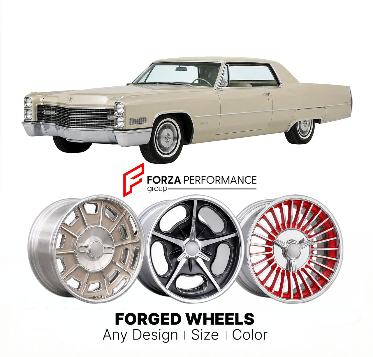 CUSTOM CLASSIC VINTAGE RESTOMOD RETRO OLD SCHOOL FORGED WHEELS RIMS for CADILLAC ELDORADO 1965 - 1966
Custom forged wheels for classic American muscle cars. Ideal for restomod builds, vintage restorations, and show cars. Deep dish and retro styling available.

We manufacture premium quality forged wheels rims for Cadillac Eldorado 1965 - 1966 in any design, size, color.

THIS WHEEL DESIGN CAN BE CUSTOM-MADE FOR YOUR CAR IN ANY SIZE AND COLOR OPTIONS
Available in monoblock, 2-piece, 3-piece, duoblock, beadlo