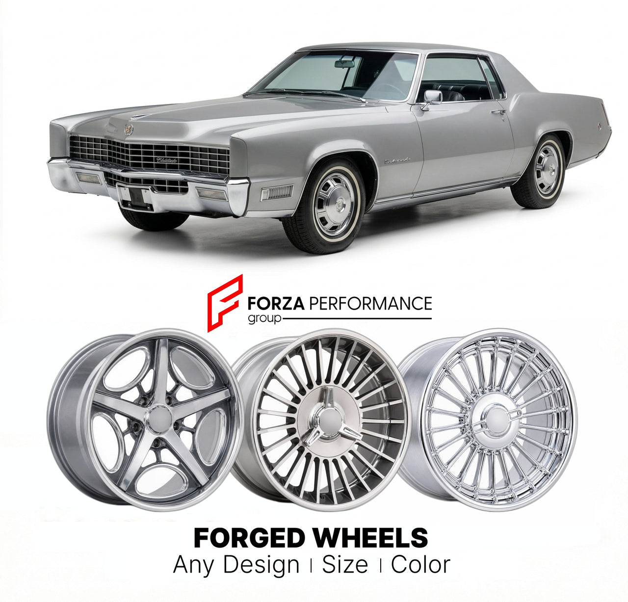 CUSTOM CLASSIC VINTAGE RESTOMOD RETRO OLD SCHOOL FORGED WHEELS RIMS for CADILLAC ELDORADO 1967 - 1970
Custom forged wheels for classic American muscle cars. Ideal for restomod builds, vintage restorations, and show cars. Deep dish and retro styling available.

We manufacture premium quality forged wheels rims for Cadillac Eldorado 1967 - 1970 in any design, size, color.

THIS WHEEL DESIGN CAN BE CUSTOM-MADE FOR YOUR CAR IN ANY SIZE AND COLOR OPTIONS
Available in monoblock, 2-piece, 3-piece, duoblock, beadlo