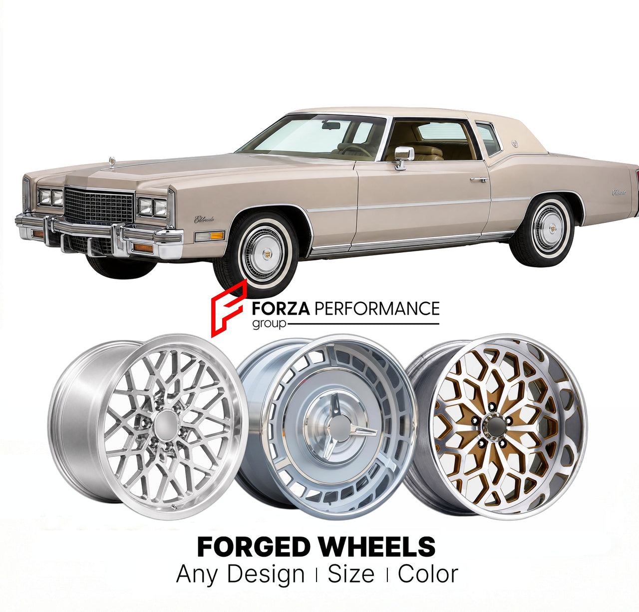 CUSTOM CLASSIC VINTAGE RESTOMOD RETRO OLD SCHOOL FORGED WHEELS RIMS for CADILLAC ELDORADO 1979 - 1985
Custom forged wheels for classic American muscle cars. Ideal for restomod builds, vintage restorations, and show cars. Deep dish and retro styling available.

We manufacture premium quality forged wheels rims for Cadillac Eldorado 1979 - 1985 in any design, size, color.

THIS WHEEL DESIGN CAN BE CUSTOM-MADE FOR YOUR CAR IN ANY SIZE AND COLOR OPTIONS
Available in monoblock, 2-piece, 3-piece, duoblock, beadlo