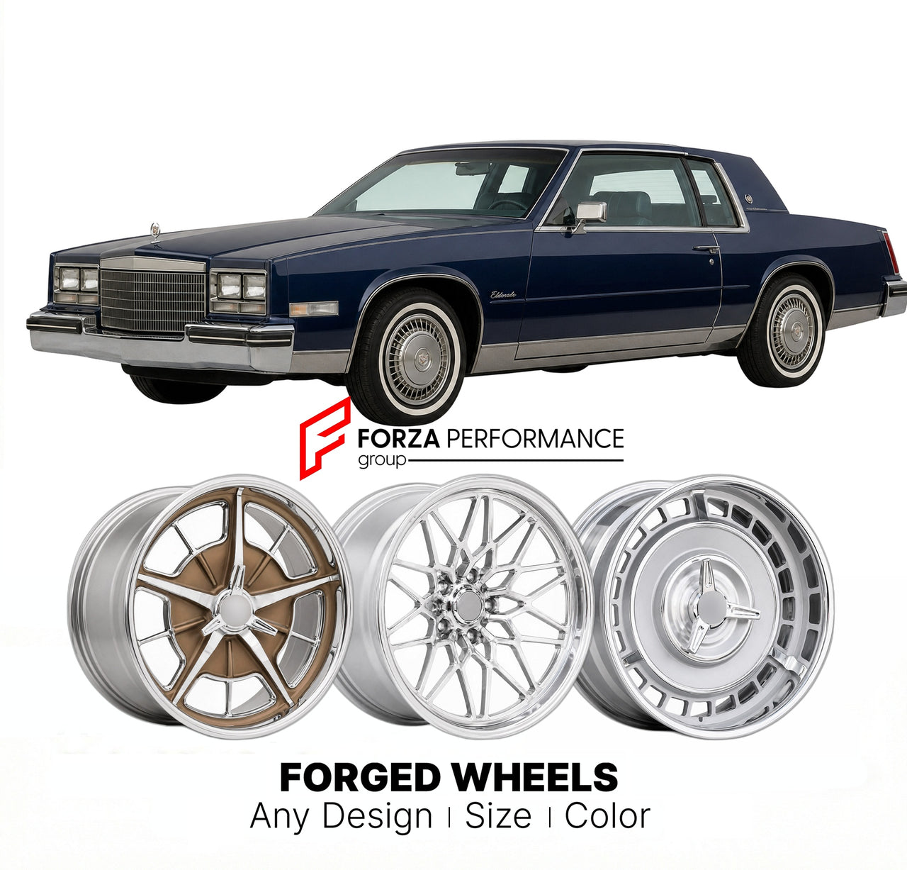 CUSTOM CLASSIC VINTAGE RESTOMOD RETRO OLD SCHOOL FORGED WHEELS RIMS for CADILLAC ELDORADO 1986 - 1990
Custom forged wheels for classic American muscle cars. Ideal for restomod builds, vintage restorations, and show cars. Deep dish and retro styling available.

We manufacture premium quality forged wheels rims for Cadillac Eldorado 1986 - 1990 in any design, size, color.

THIS WHEEL DESIGN CAN BE CUSTOM-MADE FOR YOUR CAR IN ANY SIZE AND COLOR OPTIONS
Available in monoblock, 2-piece, 3-piece, duoblock, beadlo