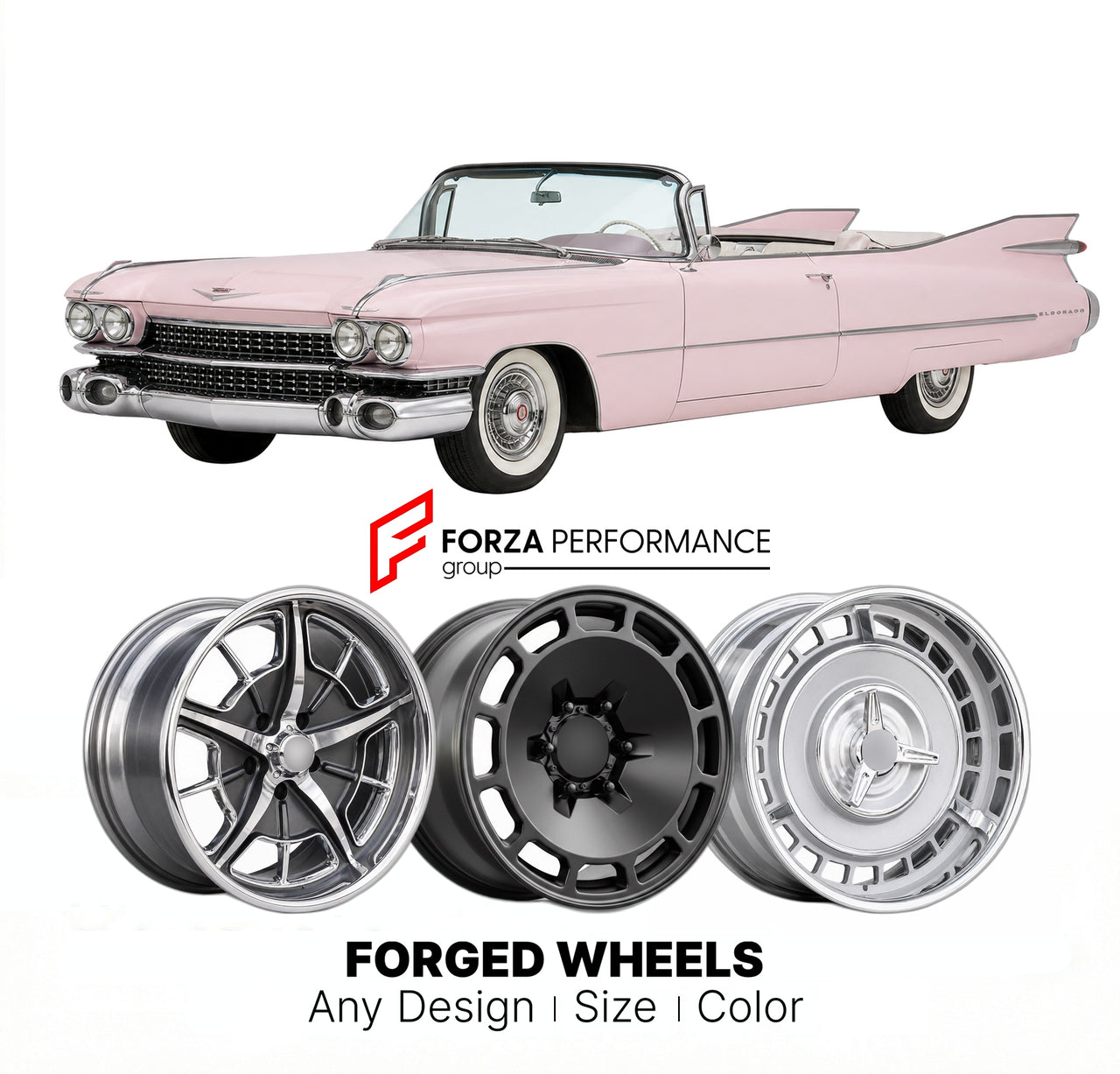 CUSTOM CLASSIC VINTAGE RESTOMOD RETRO OLD SCHOOL FORGED WHEELS RIMS for CADILLAC ELDORADO BIARRITZ 1959 - 1960
Custom forged wheels for classic American muscle cars. Ideal for restomod builds, vintage restorations, and show cars. Deep dish and retro styling available.

We manufacture premium quality forged wheels rims for Cadillac Eldorado Biarritz 1959 - 1960 in any design, size, color.

THIS WHEEL DESIGN CAN BE CUSTOM-MADE FOR YOUR CAR IN ANY SIZE AND COLOR OPTIONS
Available in monoblock, 2-piece, 3-piece