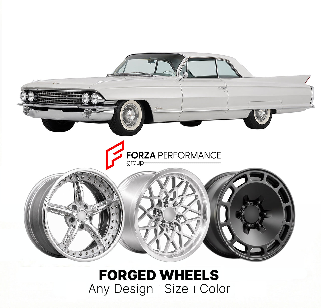 CUSTOM CLASSIC VINTAGE RESTOMOD RETRO OLD SCHOOL FORGED WHEELS RIMS for CADILLAC ELDORADO BIARRITZ 1961 - 1962
Custom forged wheels for classic American muscle cars. Ideal for restomod builds, vintage restorations, and show cars. Deep dish and retro styling available.

We manufacture premium quality forged wheels rims for Cadillac Eldorado Biarritz 1961 - 1962 in any design, size, color.

THIS WHEEL DESIGN CAN BE CUSTOM-MADE FOR YOUR CAR IN ANY SIZE AND COLOR OPTIONS
Available in monoblock, 2-piece, 3-piece