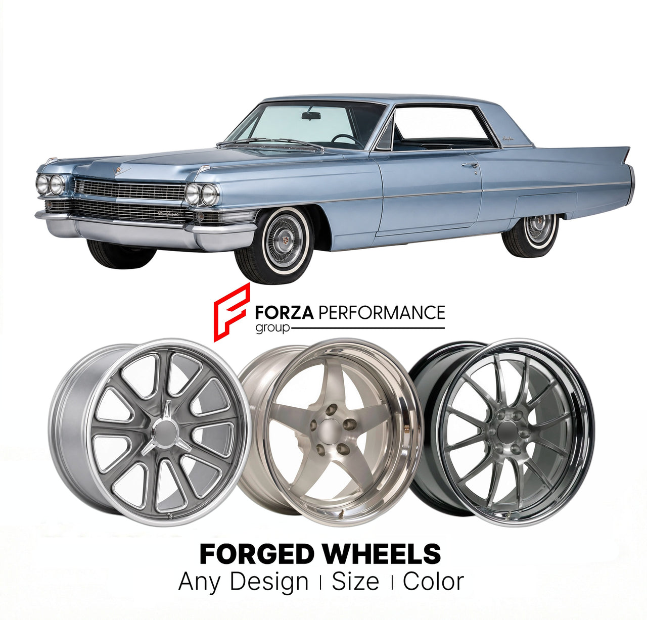 CUSTOM CLASSIC VINTAGE RESTOMOD RETRO OLD SCHOOL FORGED WHEELS RIMS for CADILLAC ELDORADO BIARRITZ 1963 - 1964
Custom forged wheels for classic American muscle cars. Ideal for restomod builds, vintage restorations, and show cars. Deep dish and retro styling available.

We manufacture premium quality forged wheels rims for Cadillac Eldorado Biarritz 1963 - 1964 in any design, size, color.

THIS WHEEL DESIGN CAN BE CUSTOM-MADE FOR YOUR CAR IN ANY SIZE AND COLOR OPTIONS
Available in monoblock, 2-piece, 3-piece