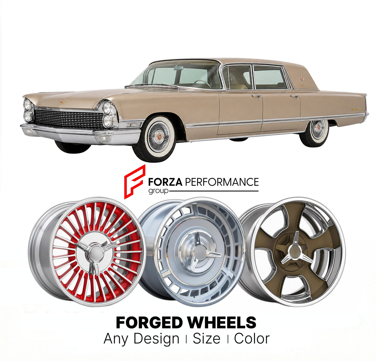 CUSTOM CLASSIC VINTAGE RESTOMOD RETRO OLD SCHOOL FORGED WHEELS RIMS for CADILLAC ELDORADO BROUGHAM 1959 - 1960
Custom forged wheels for classic American muscle cars. Ideal for restomod builds, vintage restorations, and show cars. Deep dish and retro styling available.

We manufacture premium quality forged wheels rims for Cadillac Eldorado Brougham 1959 - 1960 in any design, size, color.

THIS WHEEL DESIGN CAN BE CUSTOM-MADE FOR YOUR CAR IN ANY SIZE AND COLOR OPTIONS
Available in monoblock, 2-piece, 3-piece