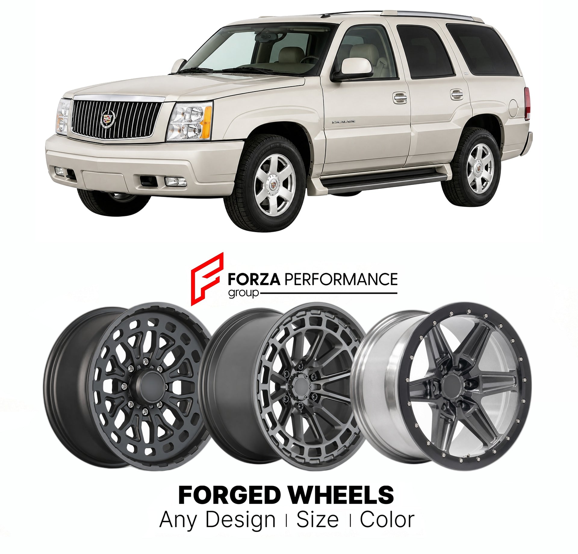 FORGED WHEELS RIMS for CADILLAC ESCALADE 2002 - 2006

Custom forged wheels for Cadillac Escalade 2002 - 2006. Made-to-order monoblock, 2-piece and 3-piece rims in custom sizes, offsets, colors and finishes with guaranteed fitment.

We manufacture premium quality forged wheels rims for Cadillac Escalade 2002 - 2006 in any design, size, color.

THIS WHEEL DESIGN CAN BE CUSTOM-MADE FOR YOUR CAR IN ANY SIZE AND COLOR OPTIONS
Available in monoblock, 2-piece, 3-piece, duoblock, beadlock
3D wheel renderings are pr
