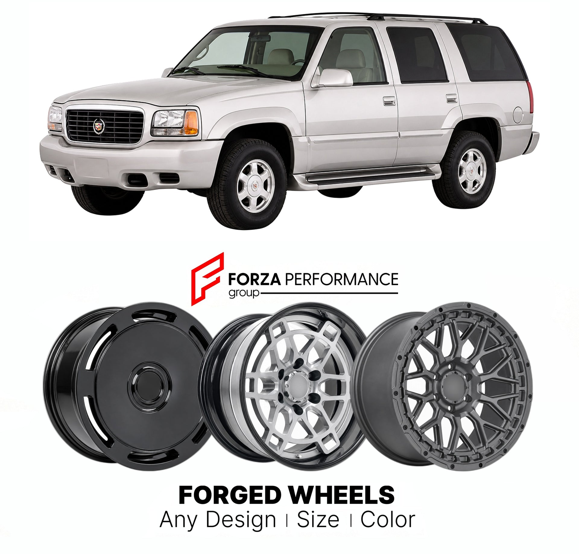 FORGED WHEELS RIMS for CADILLAC ESCALADE BASE 1999+

Custom forged wheels for Cadillac Escalade Base 1999+. Made-to-order monoblock, 2-piece and 3-piece rims in custom sizes, offsets, colors and finishes with guaranteed fitment.

We manufacture premium quality forged wheels rims for Cadillac Escalade Base 1999+ in any design, size, color.

THIS WHEEL DESIGN CAN BE CUSTOM-MADE FOR YOUR CAR IN ANY SIZE AND COLOR OPTIONS
Available in monoblock, 2-piece, 3-piece, duoblock, beadlock
3D wheel renderings are provi