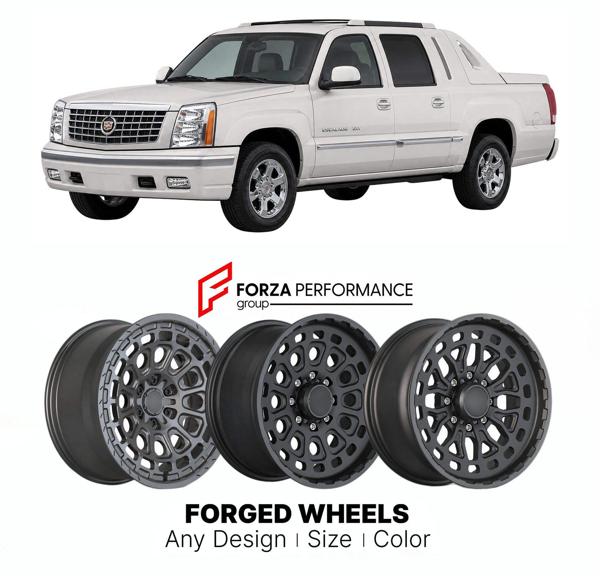FORGED WHEELS RIMS for CADILLAC ESCALADE EXT 1999+

Custom forged wheels for Cadillac Escalade EXT 1999+. Made-to-order monoblock, 2-piece and 3-piece rims in custom sizes, offsets, colors and finishes with guaranteed fitment.

We manufacture premium quality forged wheels rims for Cadillac Escalade EXT 1999+ in any design, size, color.

THIS WHEEL DESIGN CAN BE CUSTOM-MADE FOR YOUR CAR IN ANY SIZE AND COLOR OPTIONS
Available in monoblock, 2-piece, 3-piece, duoblock, beadlock
3D wheel renderings are provided